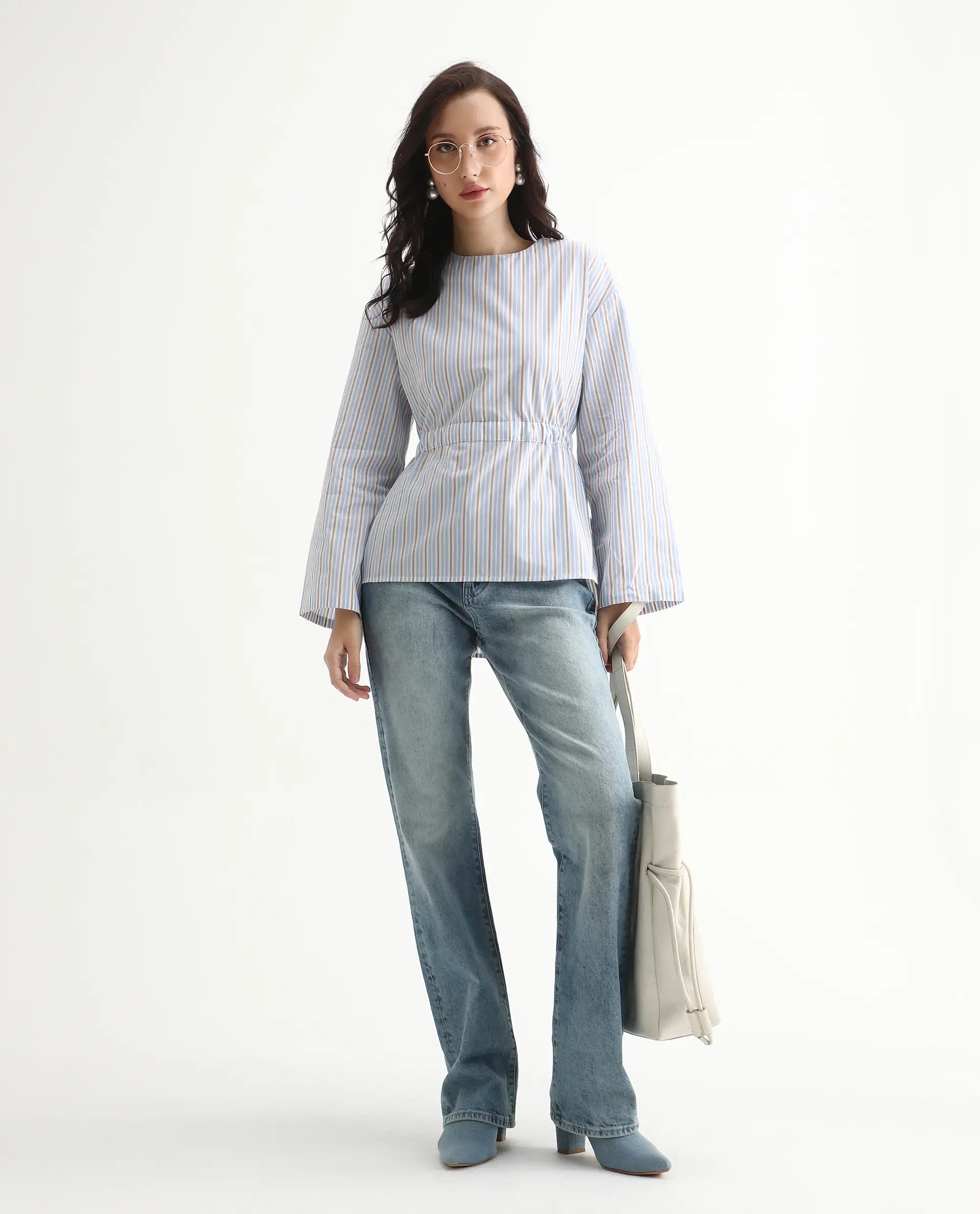 Rareism Women's Nulu Light Blue Cotton Extended Sleeves Round Neck Regular Fit Top