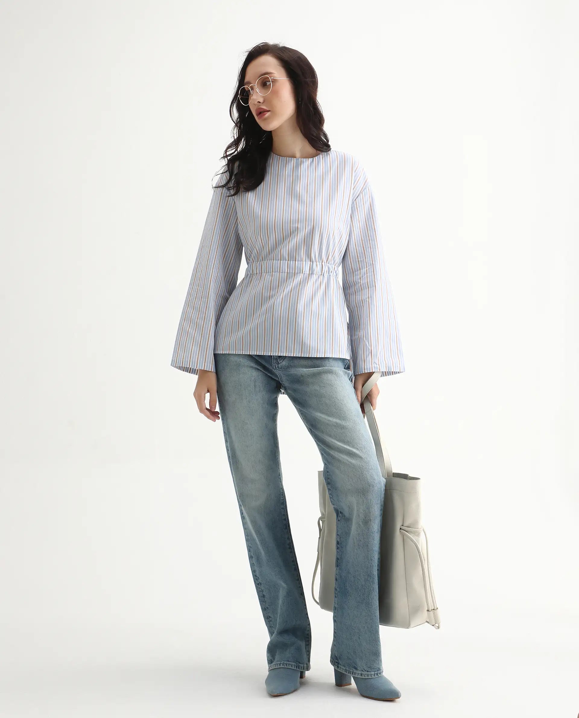 Rareism Women's Nulu Light Blue Cotton Extended Sleeves Round Neck Regular Fit Top