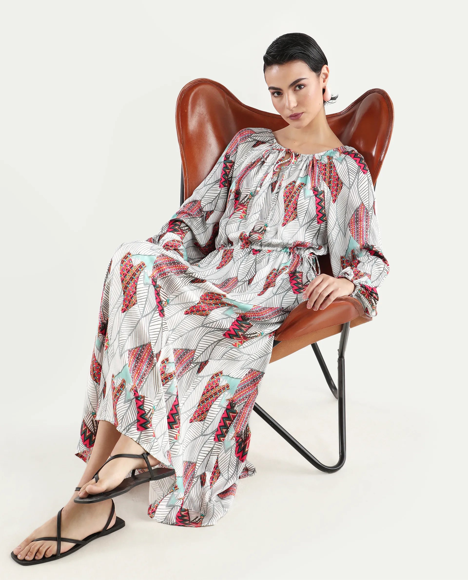 Rareism Women's Numan Multi Cotton Blend Tie-Up Neck Tropical Print Maxi Regular Fit Dress