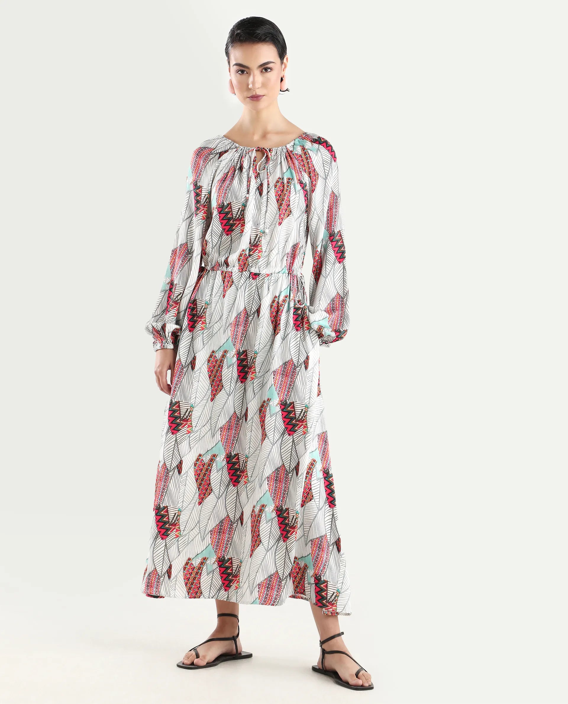 Rareism Women's Numan Multi Cotton Blend Tie-Up Neck Tropical Print Maxi Regular Fit Dress