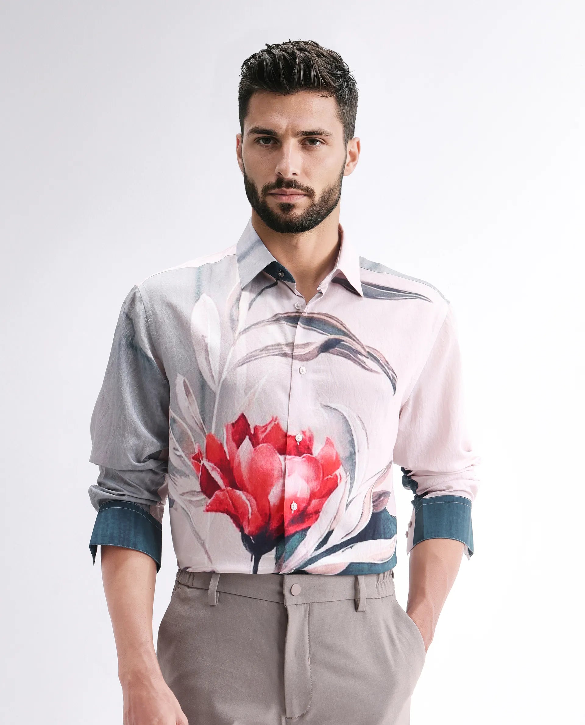 Rare Rabbit Men's Numa Teal Viscose Blend Floral Print Relaxed Fit Full Sleeve Collared Shirt