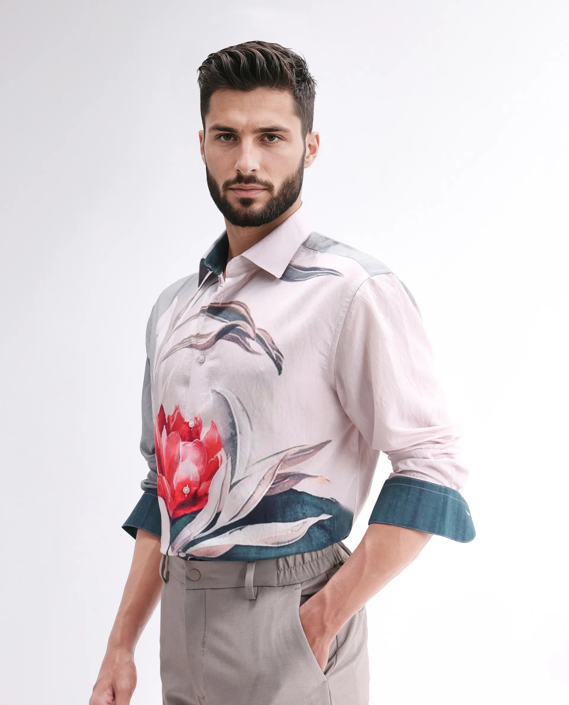 Rare Rabbit Men's Numa Teal Viscose Blend Floral Print Relaxed Fit Full Sleeve Collared Shirt