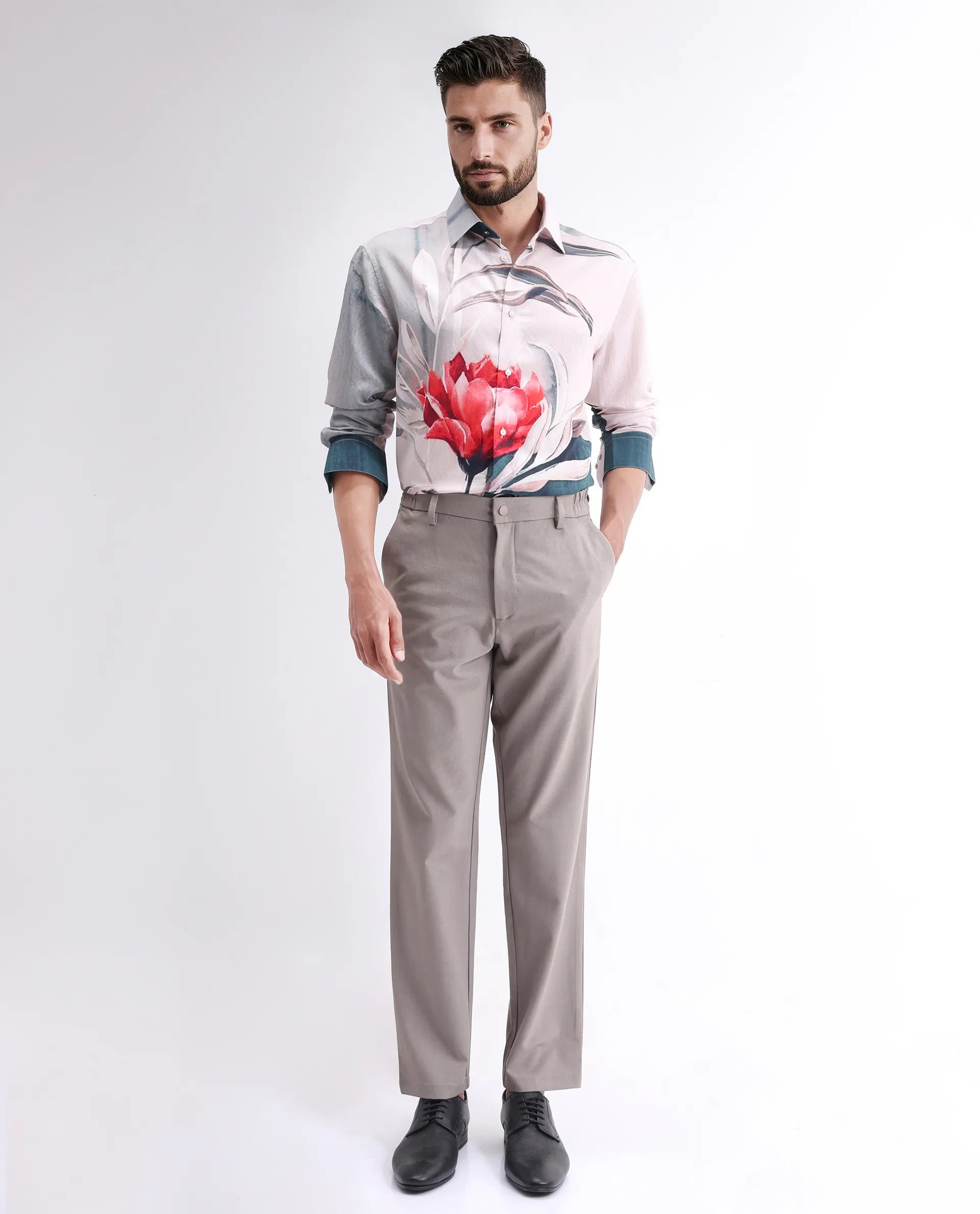 Rare Rabbit Men's Numa Teal Viscose Blend Floral Print Relaxed Fit Full Sleeve Collared Shirt