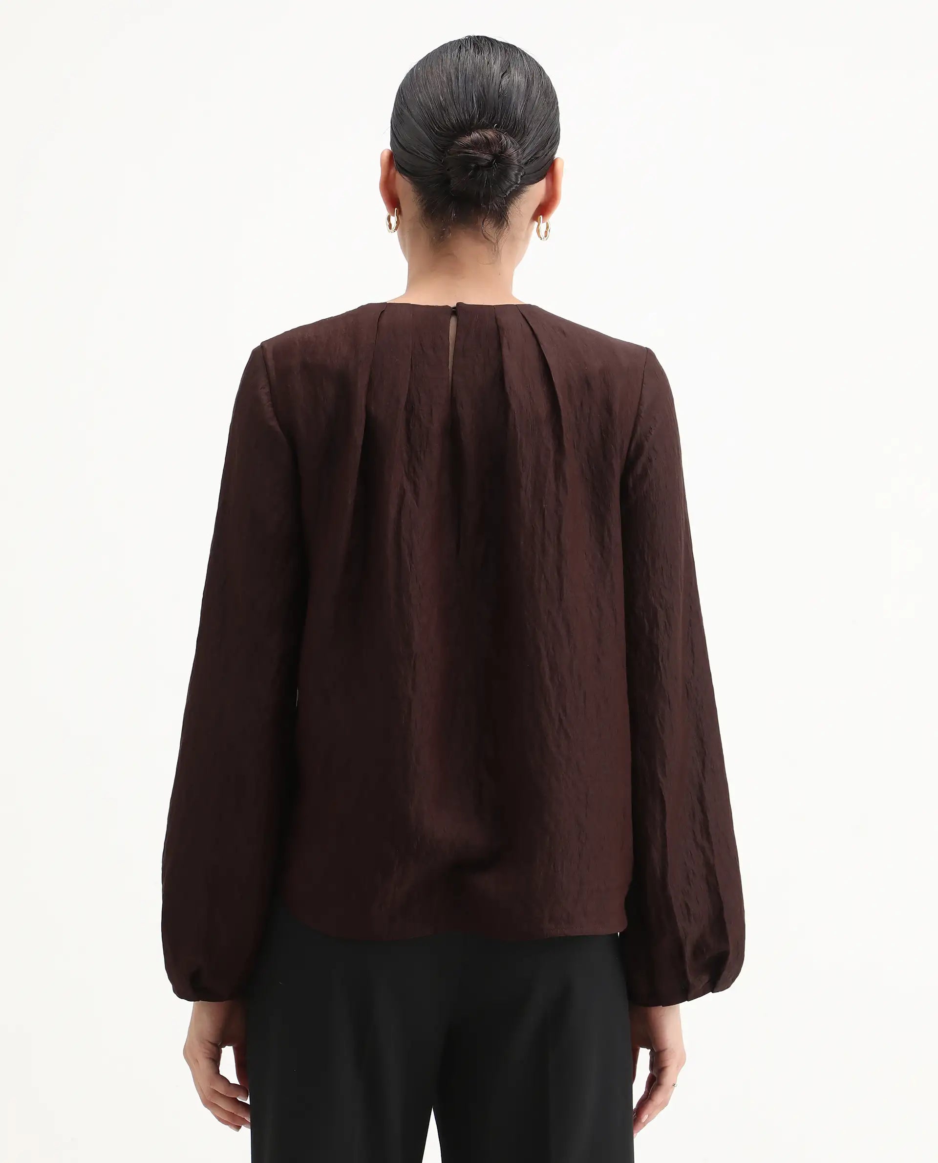 Rareism Women's Numi Dark Brown Viscose Blend Bishop Sleeve Round Neck Regular Fit Plain Top