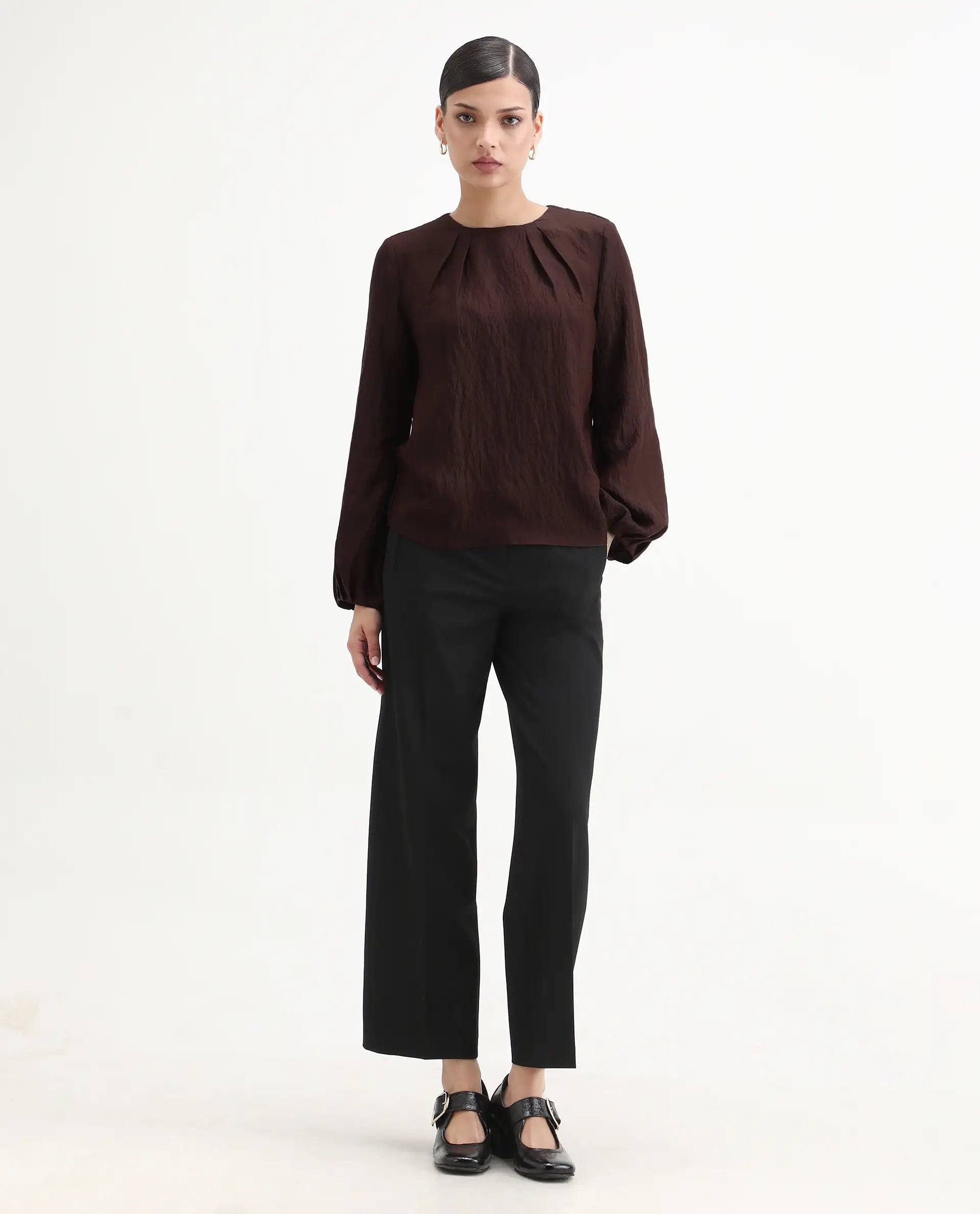 Rareism Women's Numi Dark Brown Viscose Blend Bishop Sleeve Round Neck Regular Fit Plain Top