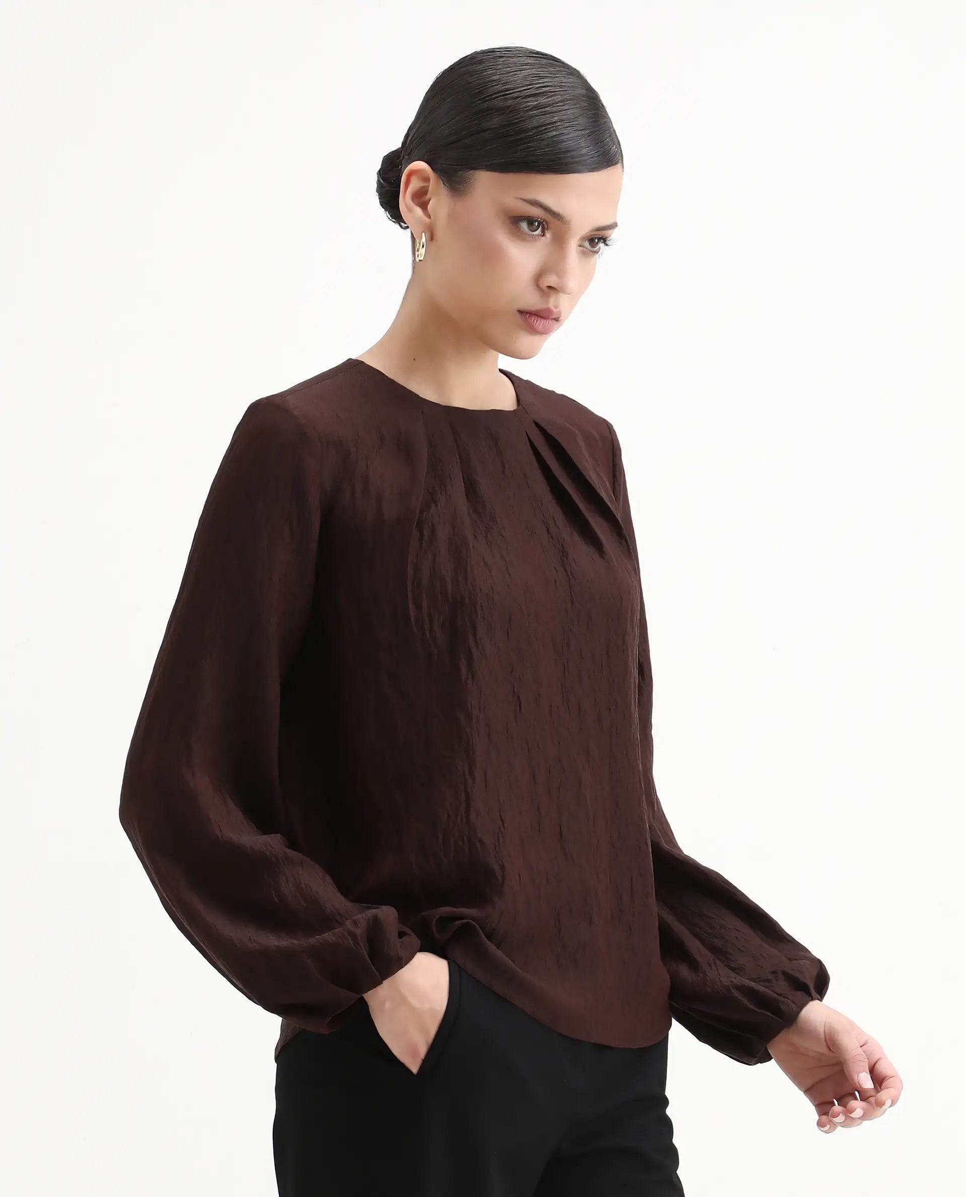 Rareism Women's Numi Dark Brown Viscose Blend Bishop Sleeve Round Neck Regular Fit Plain Top