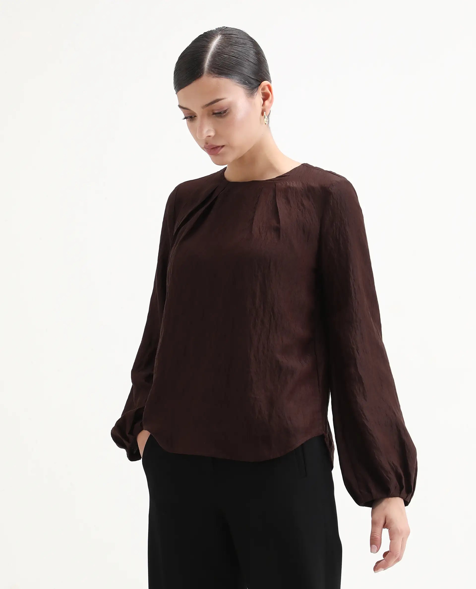 Rareism Women's Numi Dark Brown Viscose Blend Bishop Sleeve Round Neck Regular Fit Plain Top