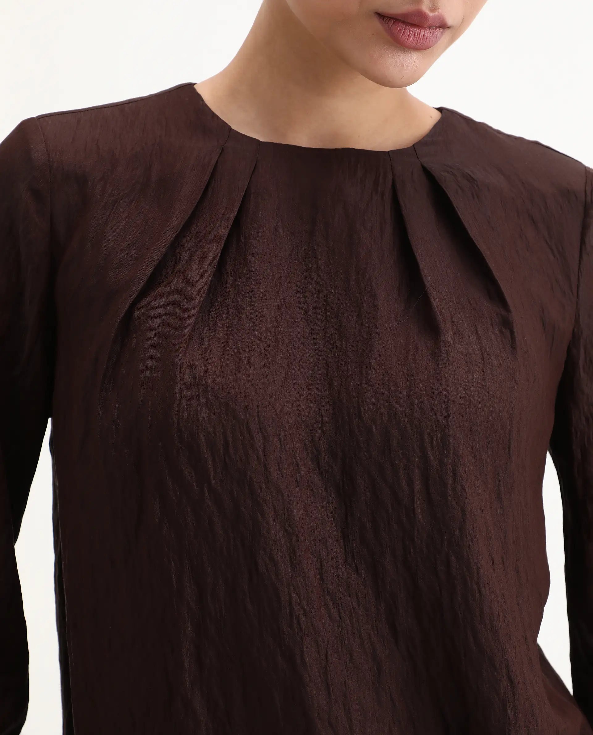 Rareism Women's Numi Dark Brown Viscose Blend Bishop Sleeve Round Neck Regular Fit Plain Top