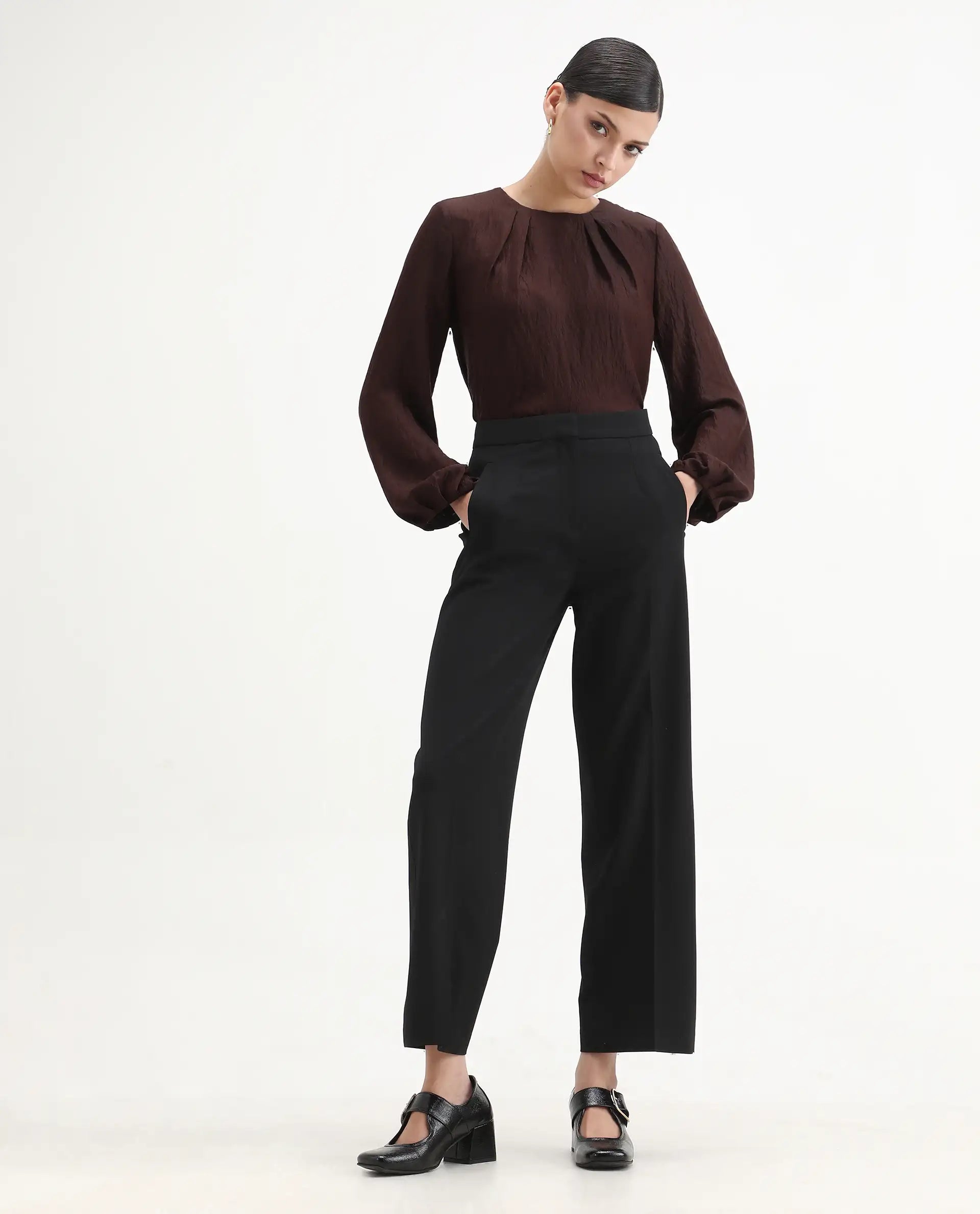 Rareism Women's Numi Dark Brown Viscose Blend Bishop Sleeve Round Neck Regular Fit Plain Top