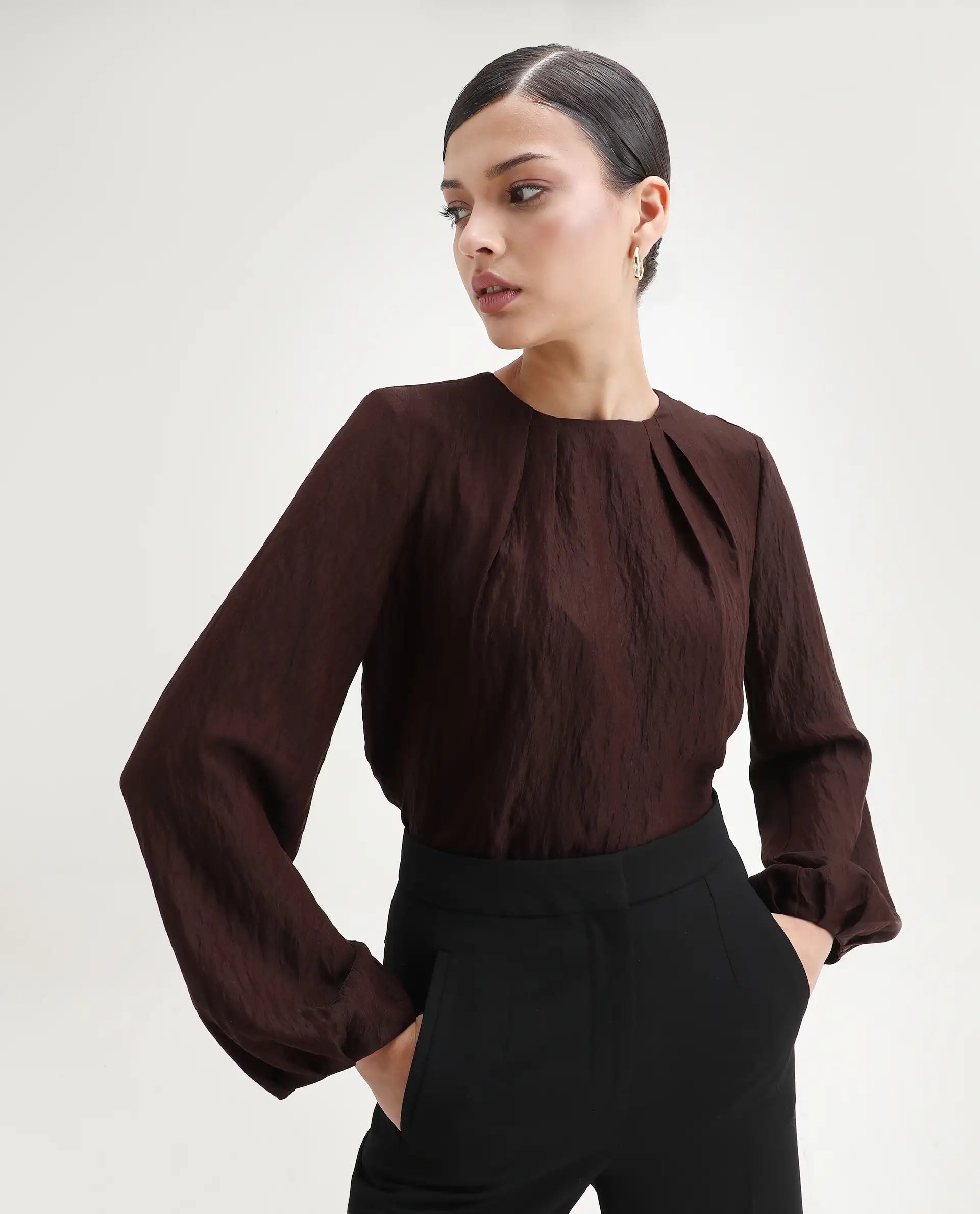 Rareism Women's Numi Dark Brown Viscose Blend Bishop Sleeve Round Neck Regular Fit Plain Top