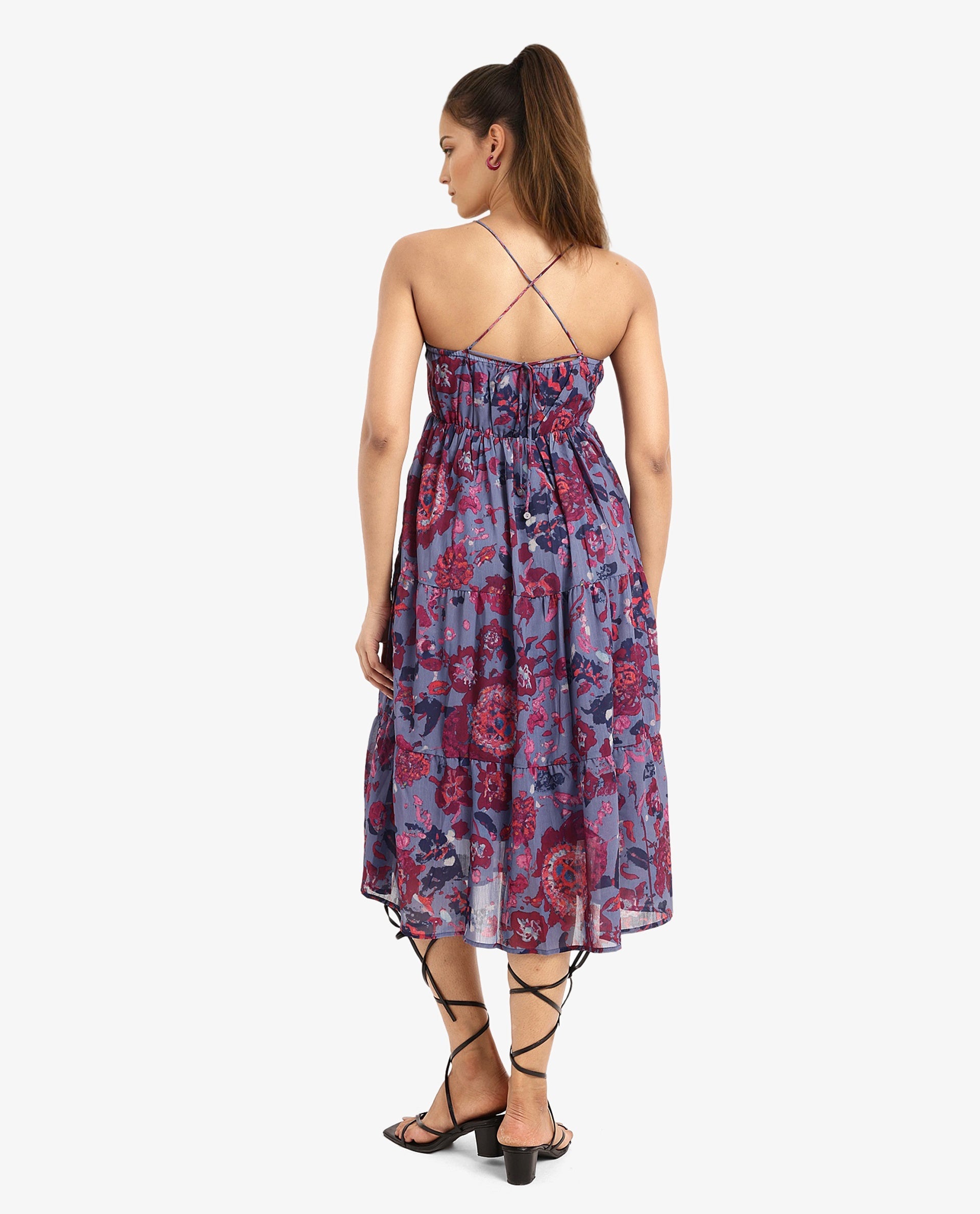 Rareism Women's Nuno Light Multi Shoulder Straps Tie-Up Closure Sleeveless Floral Print Fit And Flare Midi Dress