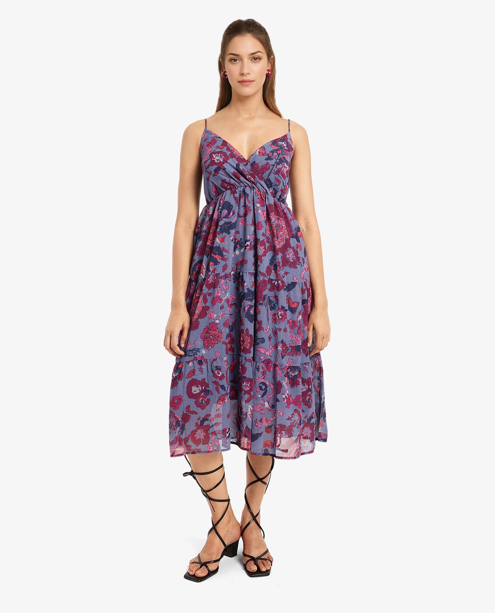 Rareism Women's Nuno Light Multi Shoulder Straps Tie-Up Closure Sleeveless Floral Print Fit And Flare Midi Dress