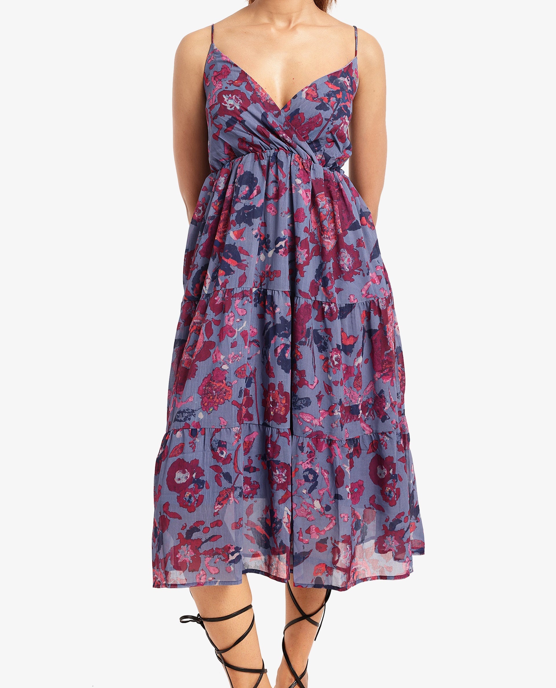 Rareism Women's Nuno Light Multi Shoulder Straps Tie-Up Closure Sleeveless Floral Print Fit And Flare Midi Dress