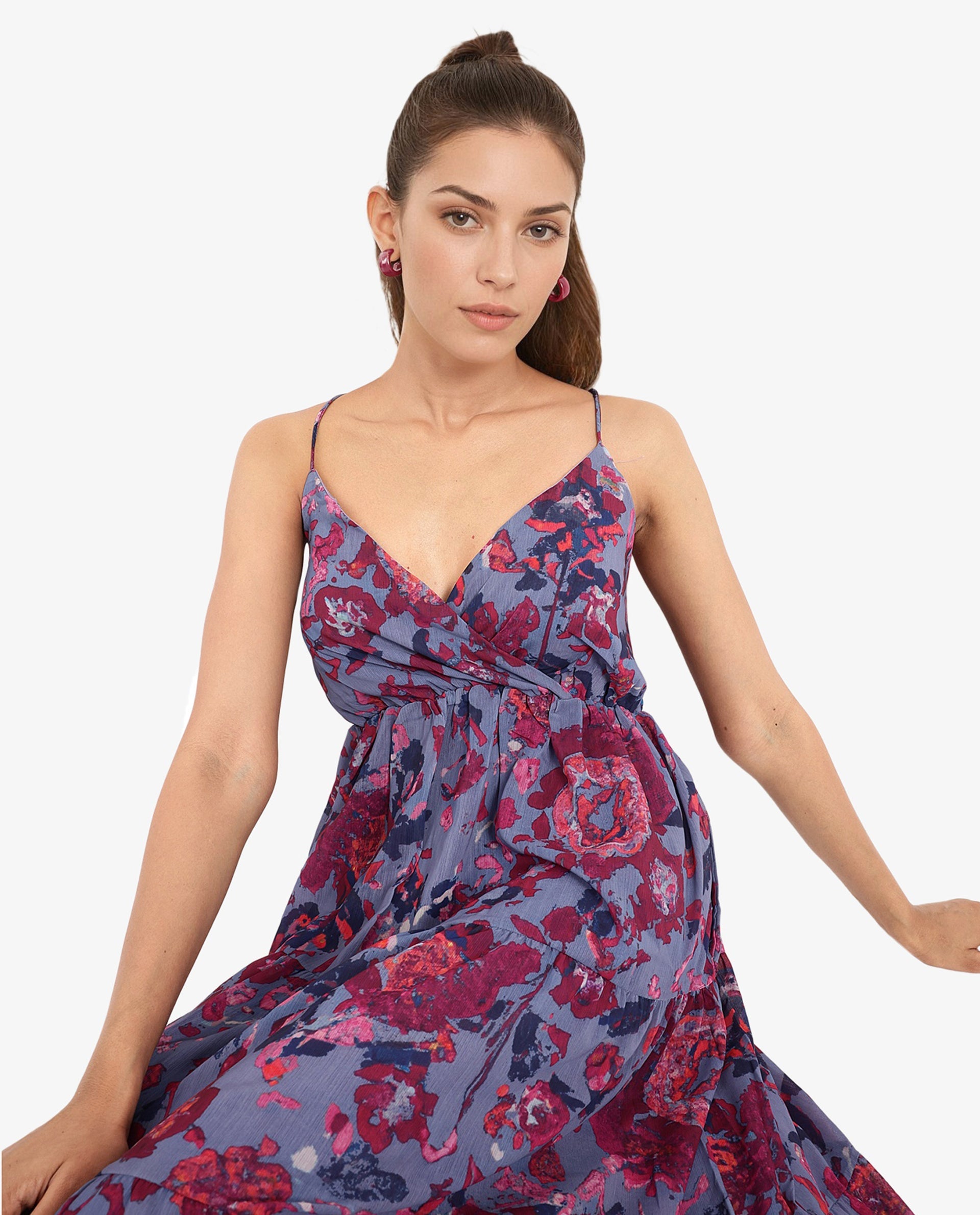 Rareism Women's Nuno Light Multi Shoulder Straps Tie-Up Closure Sleeveless Floral Print Fit And Flare Midi Dress