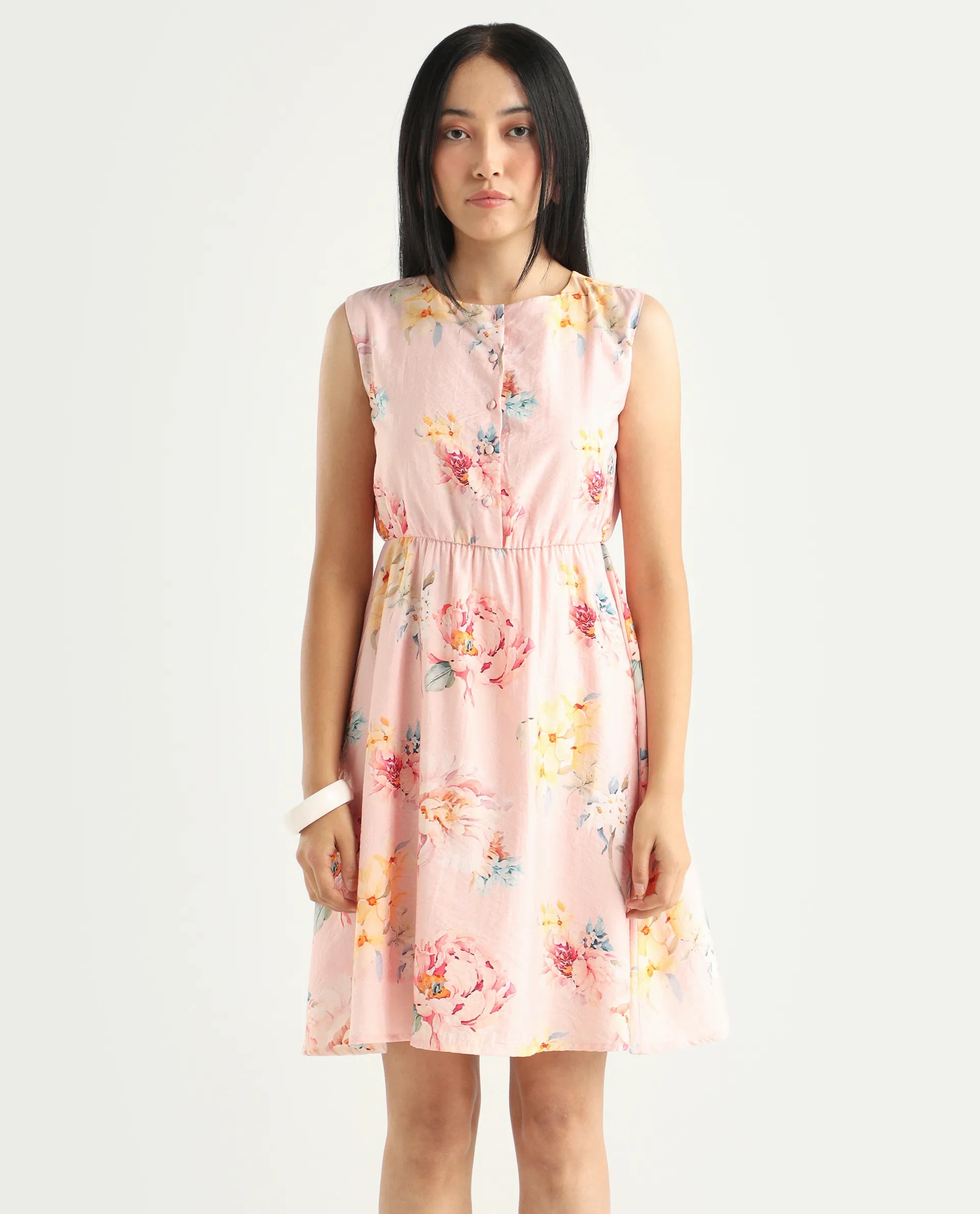 Rareism Women's Nupic Pink Viscose Blend Round Neck Floral Print Mini Flared Dress