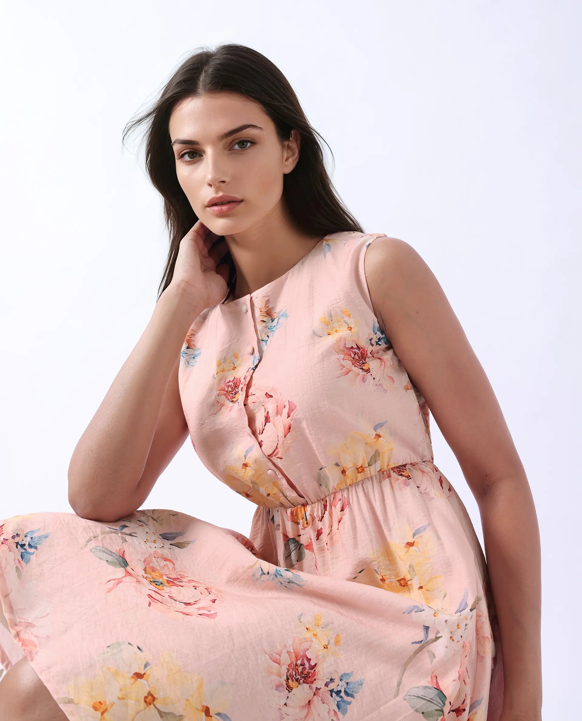 Rareism Women's Nupic Pink Viscose Blend Round Neck Floral Print Mini Flared Dress