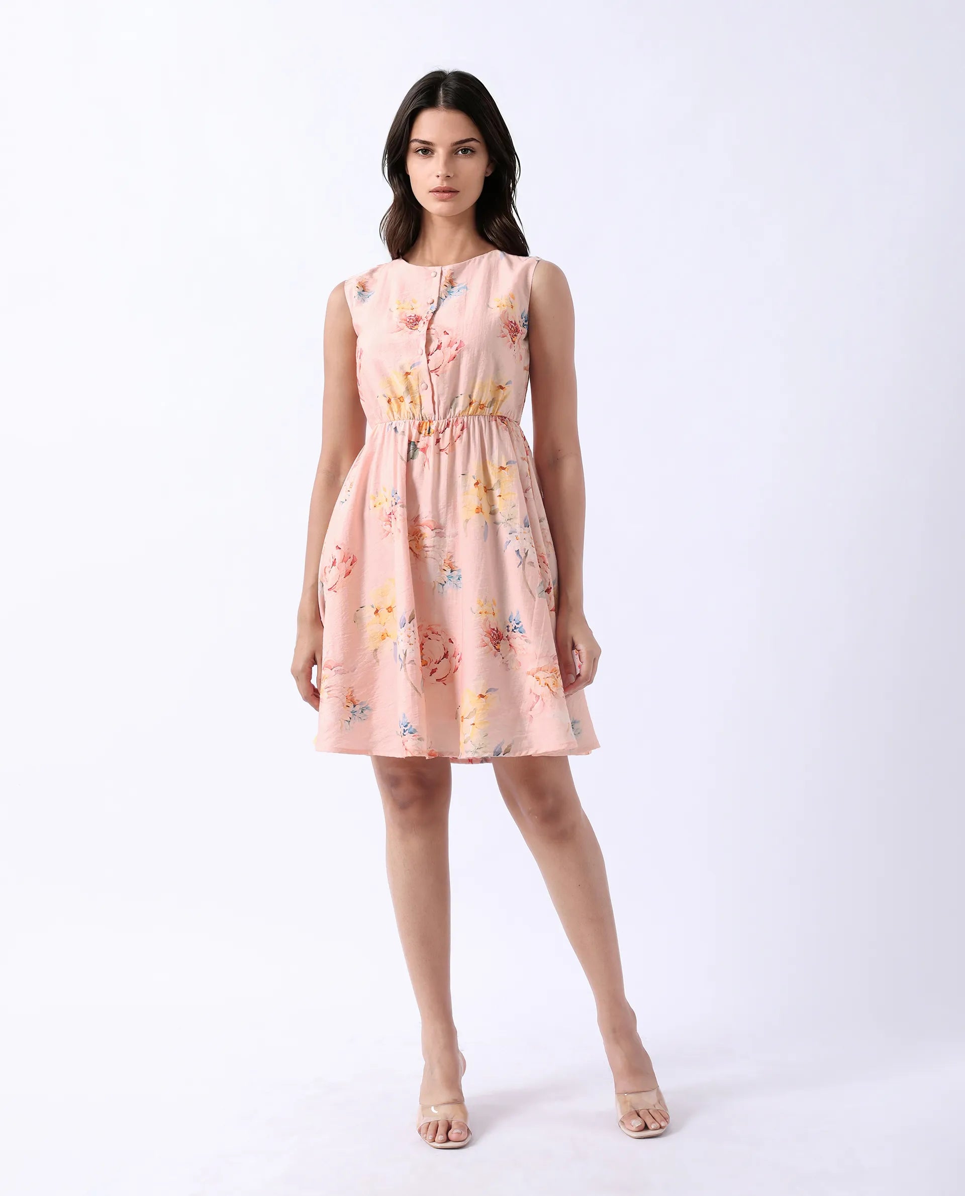 Rareism Women's Nupic Pink Viscose Blend Round Neck Floral Print Mini Flared Dress