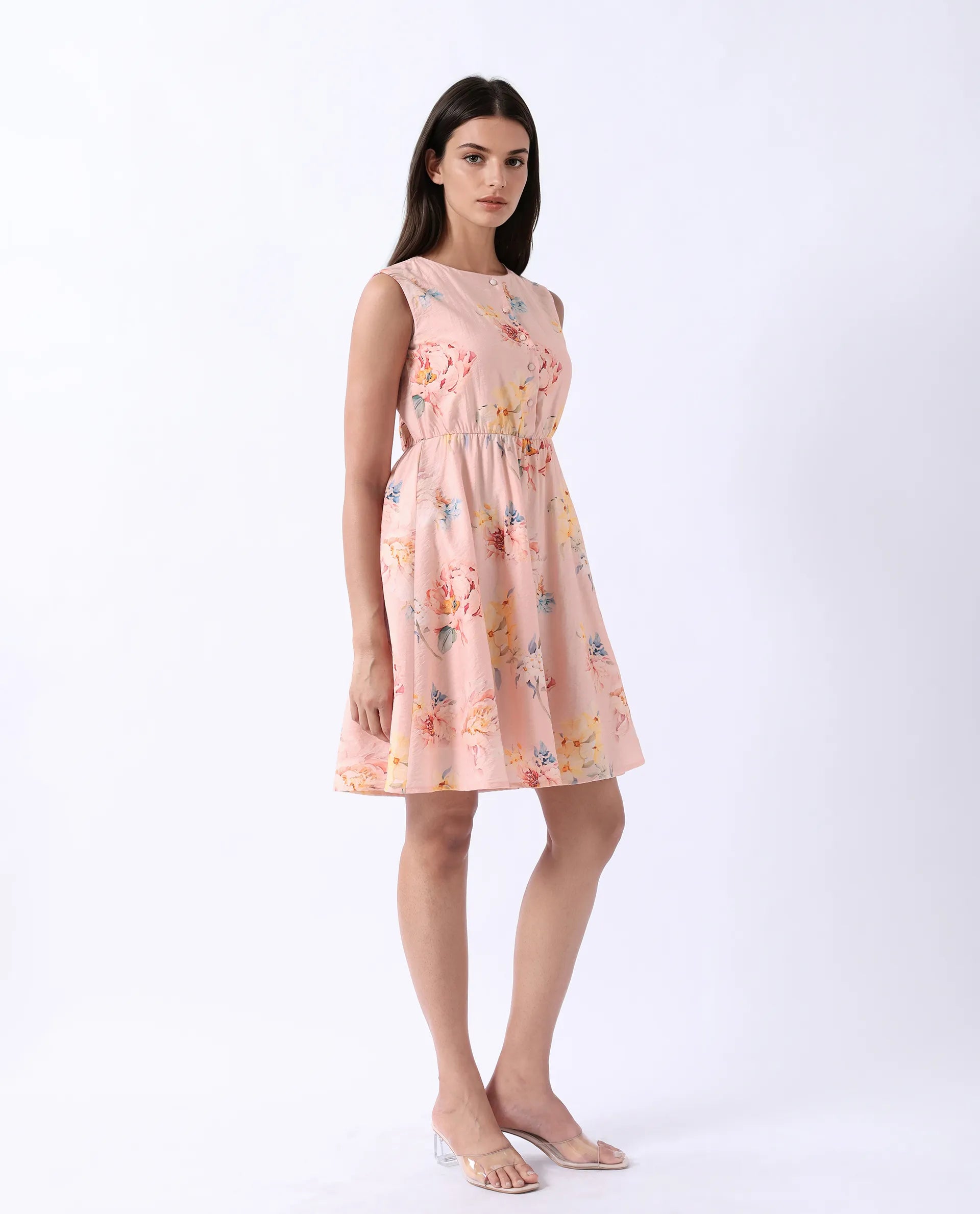 Rareism Women's Nupic Pink Viscose Blend Round Neck Floral Print Mini Flared Dress