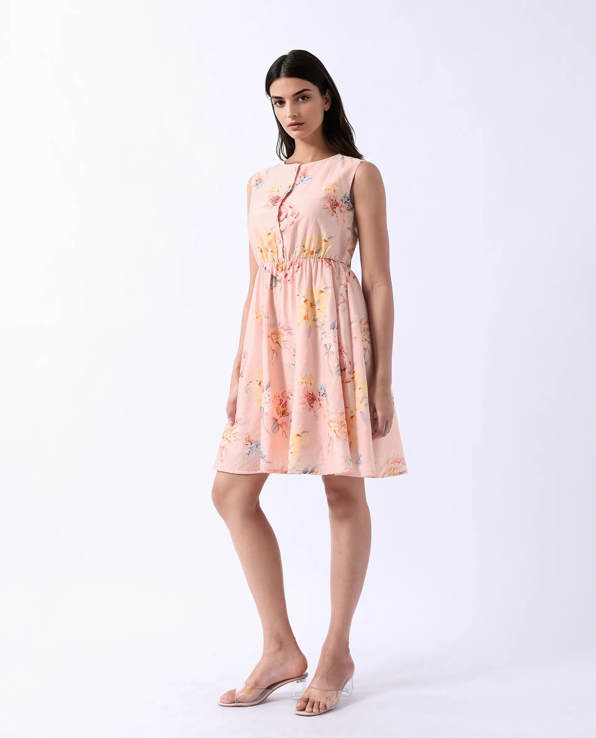 Rareism Women's Nupic Pink Viscose Blend Round Neck Floral Print Mini Flared Dress