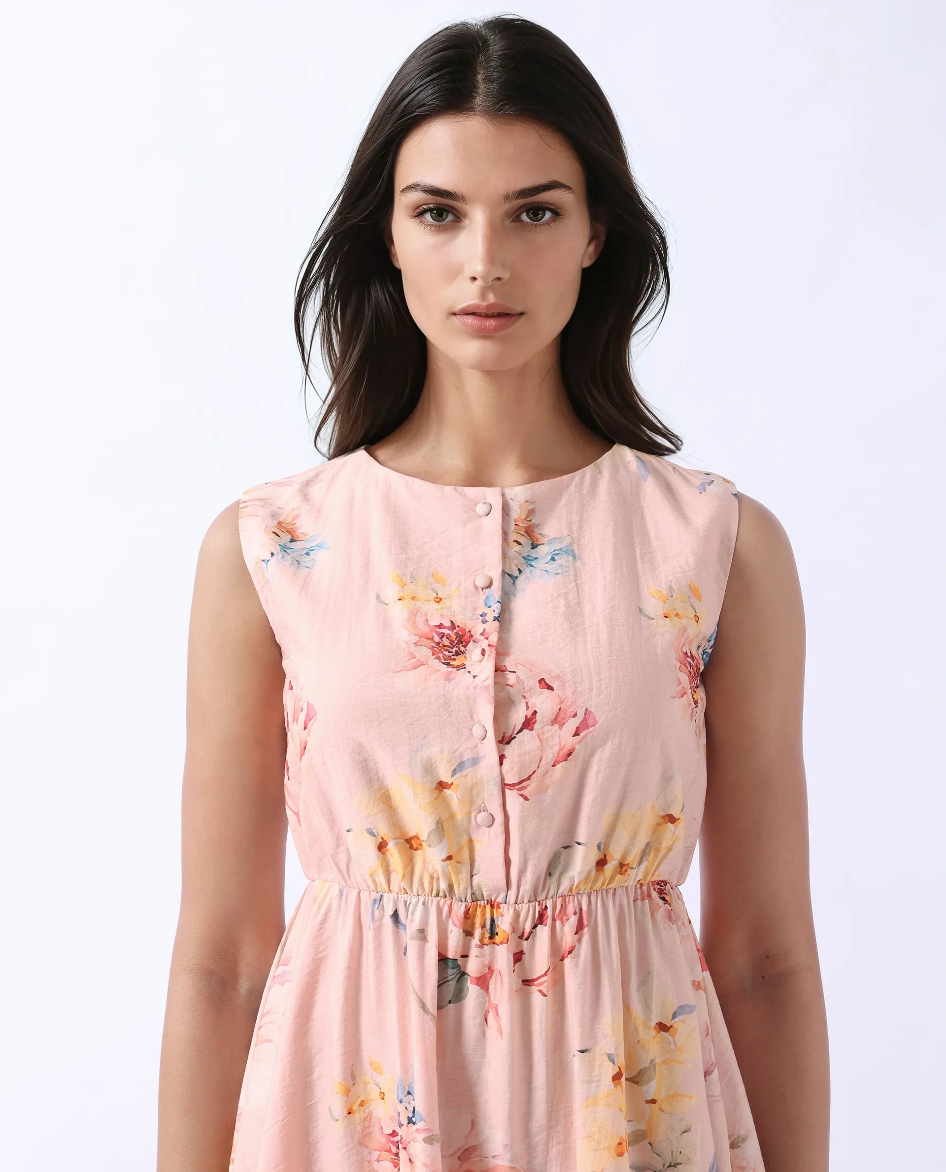 Rareism Women's Nupic Pink Viscose Blend Round Neck Floral Print Mini Flared Dress