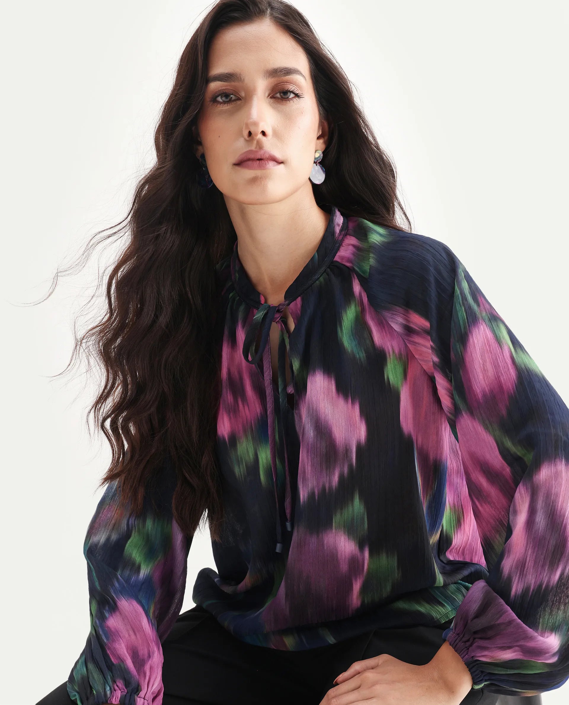 Rareism Women's Nupin Navy Polyester Tie-Up Neck Regular Fit Top