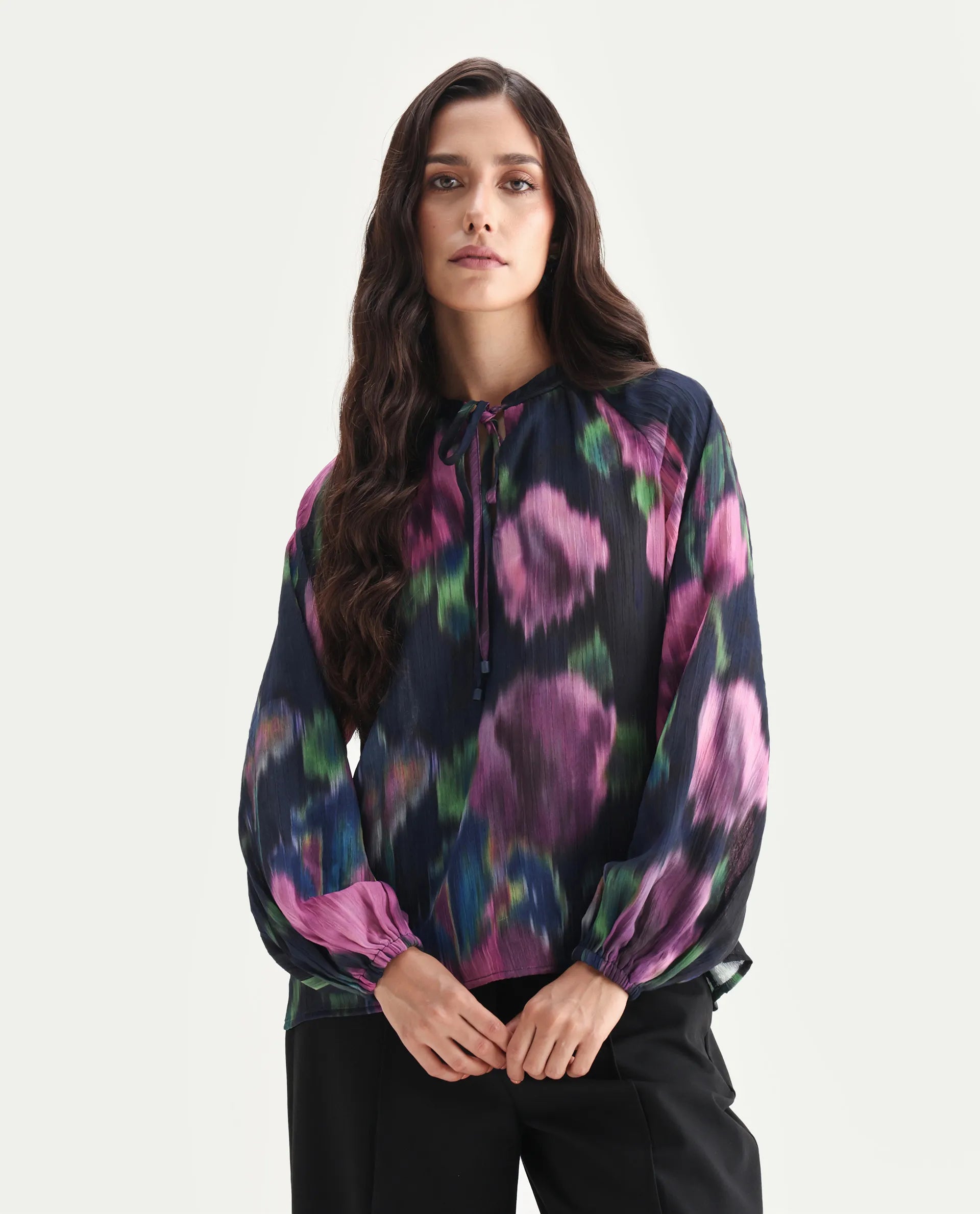 Rareism Women's Nupin Navy Polyester Tie-Up Neck Regular Fit Top