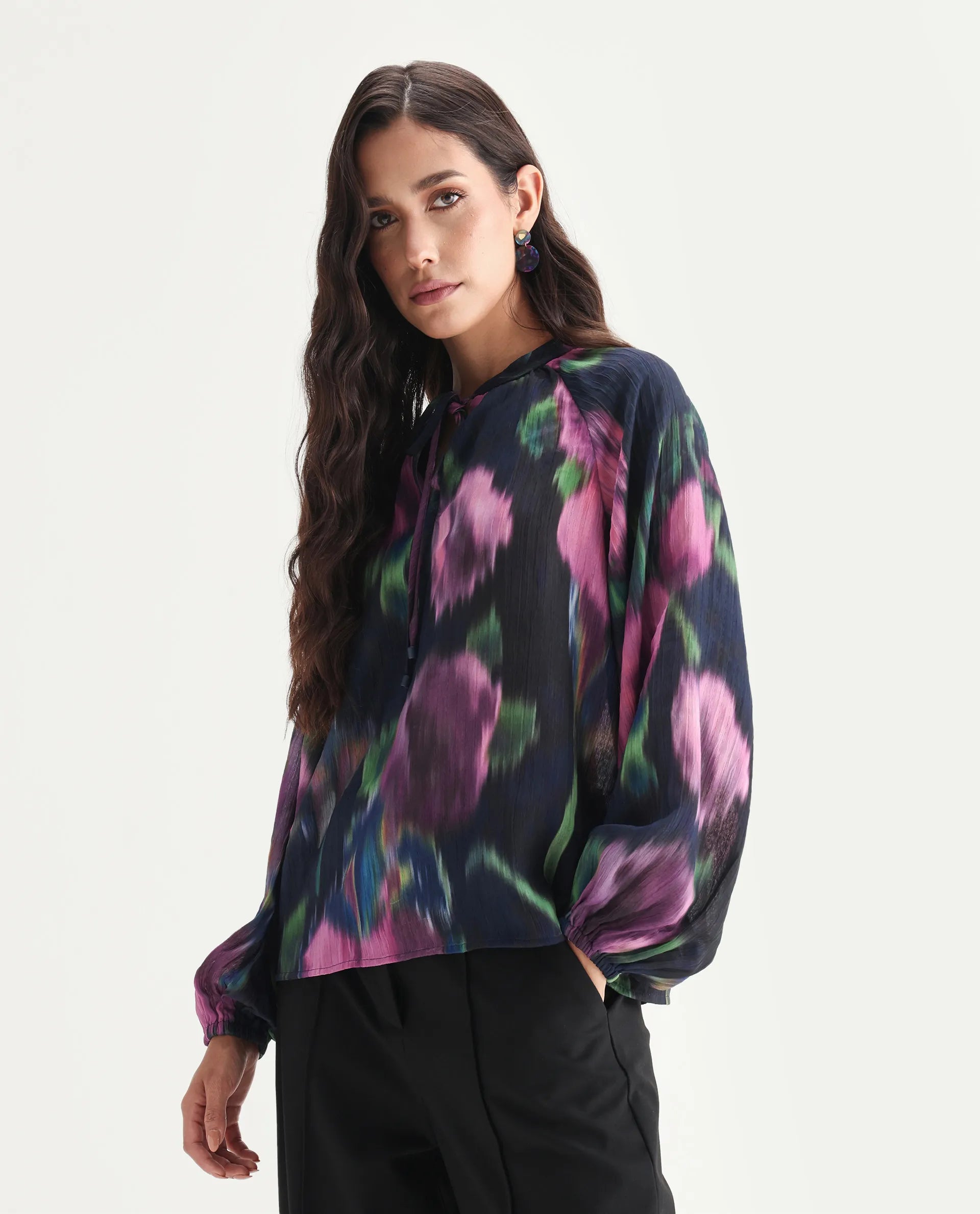 Rareism Women's Nupin Navy Polyester Tie-Up Neck Regular Fit Top