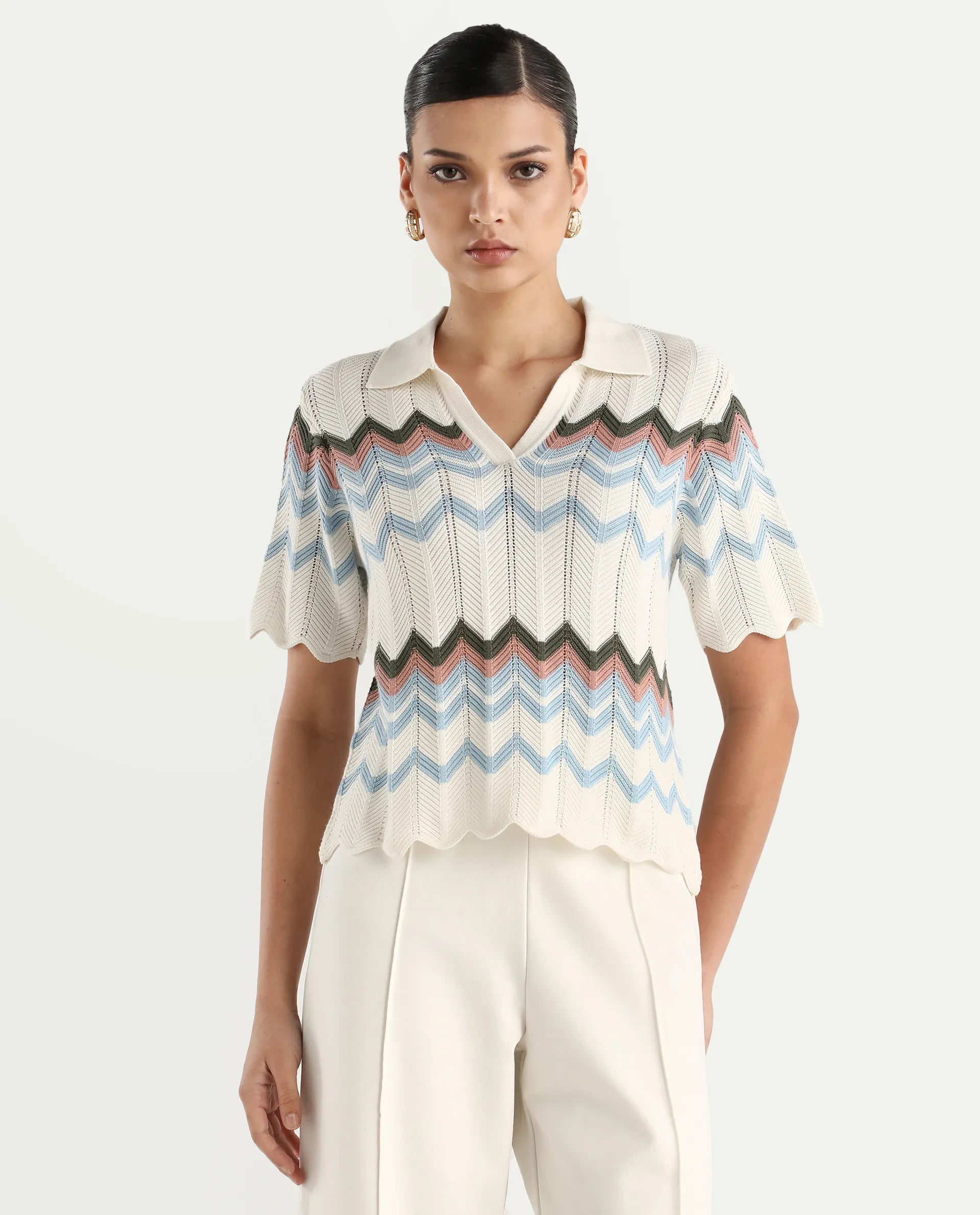 Rareism Women's Nuplo-R Light Blue Cotton Jonny Collar Regular Fit Geometric Print Top