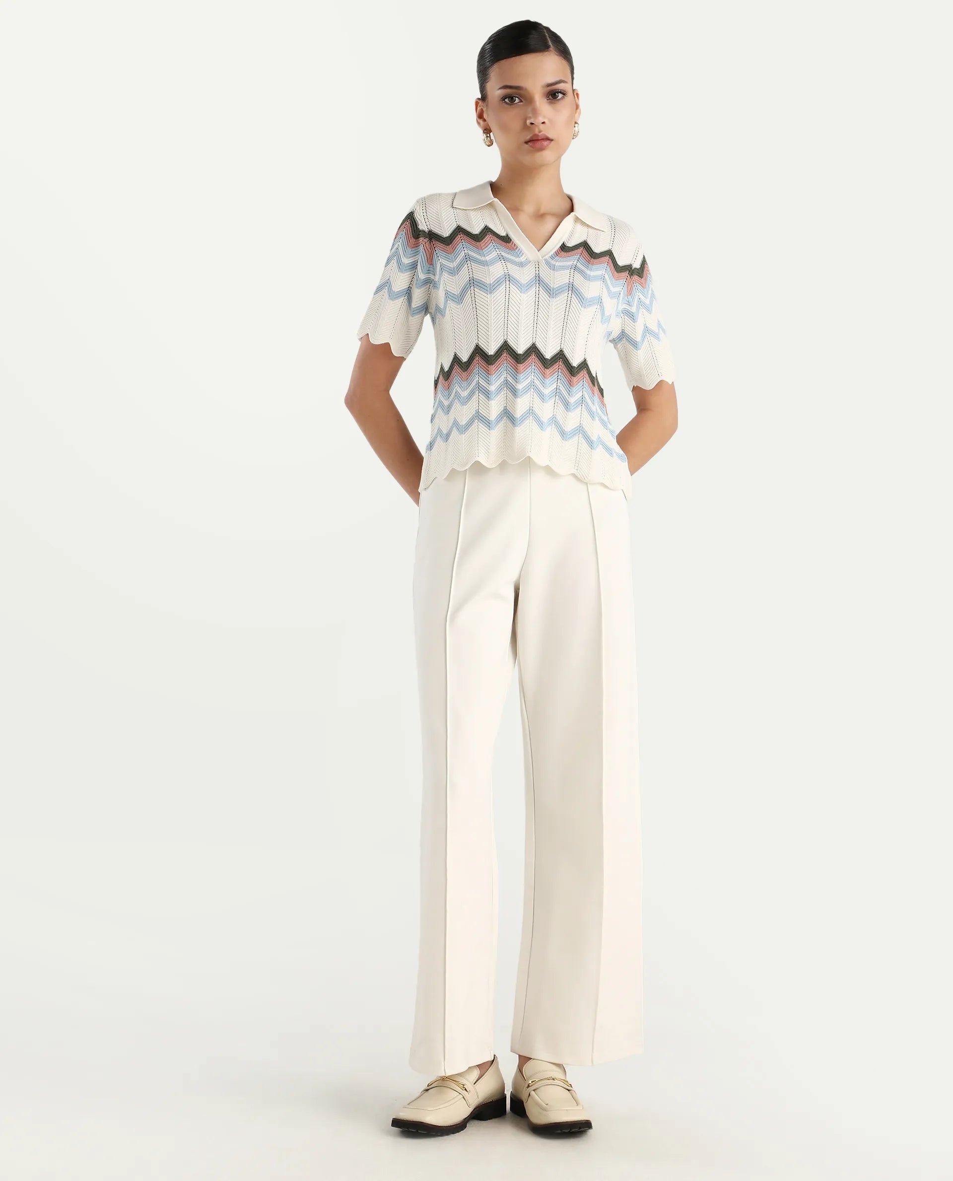 Rareism Women's Nuplo-R Light Blue Cotton Jonny Collar Regular Fit Geometric Print Top