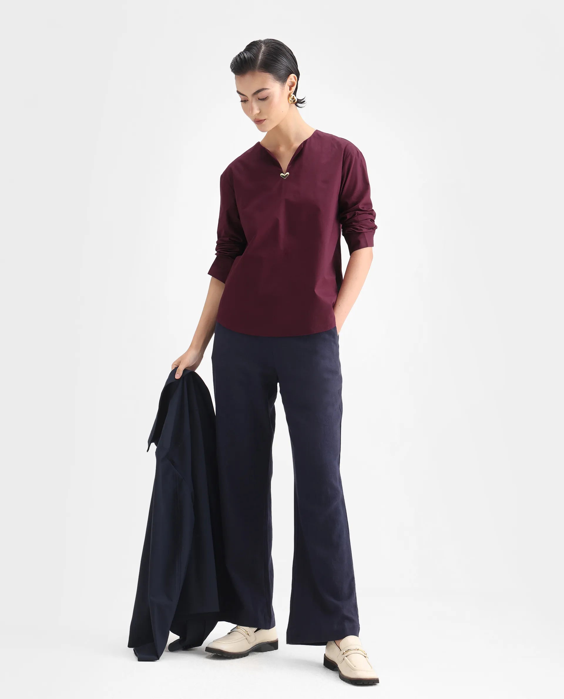 Rareism Women's Nura Maroon Cotton Cuffed Sleeve Collared Neck Regular Fit Top