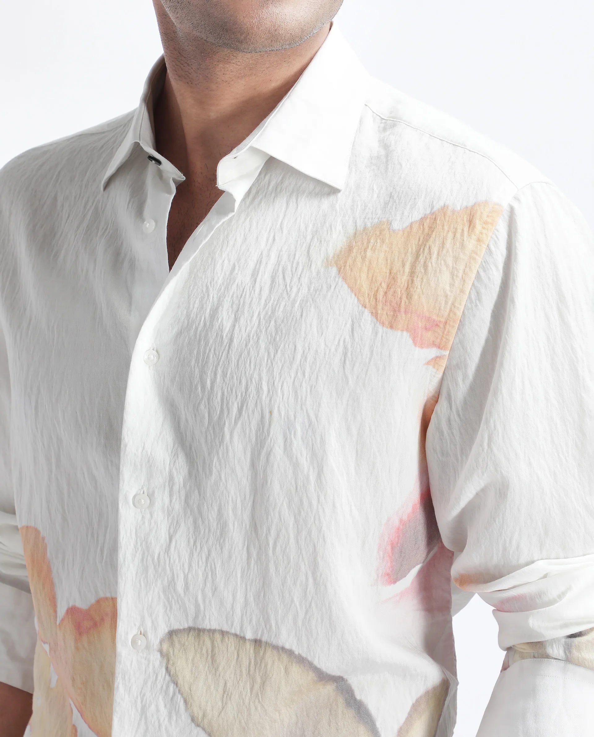 Rare Rabbit Men's Nura White Viscose Floral Print Regular Fit Full Sleeve Collared Shirt