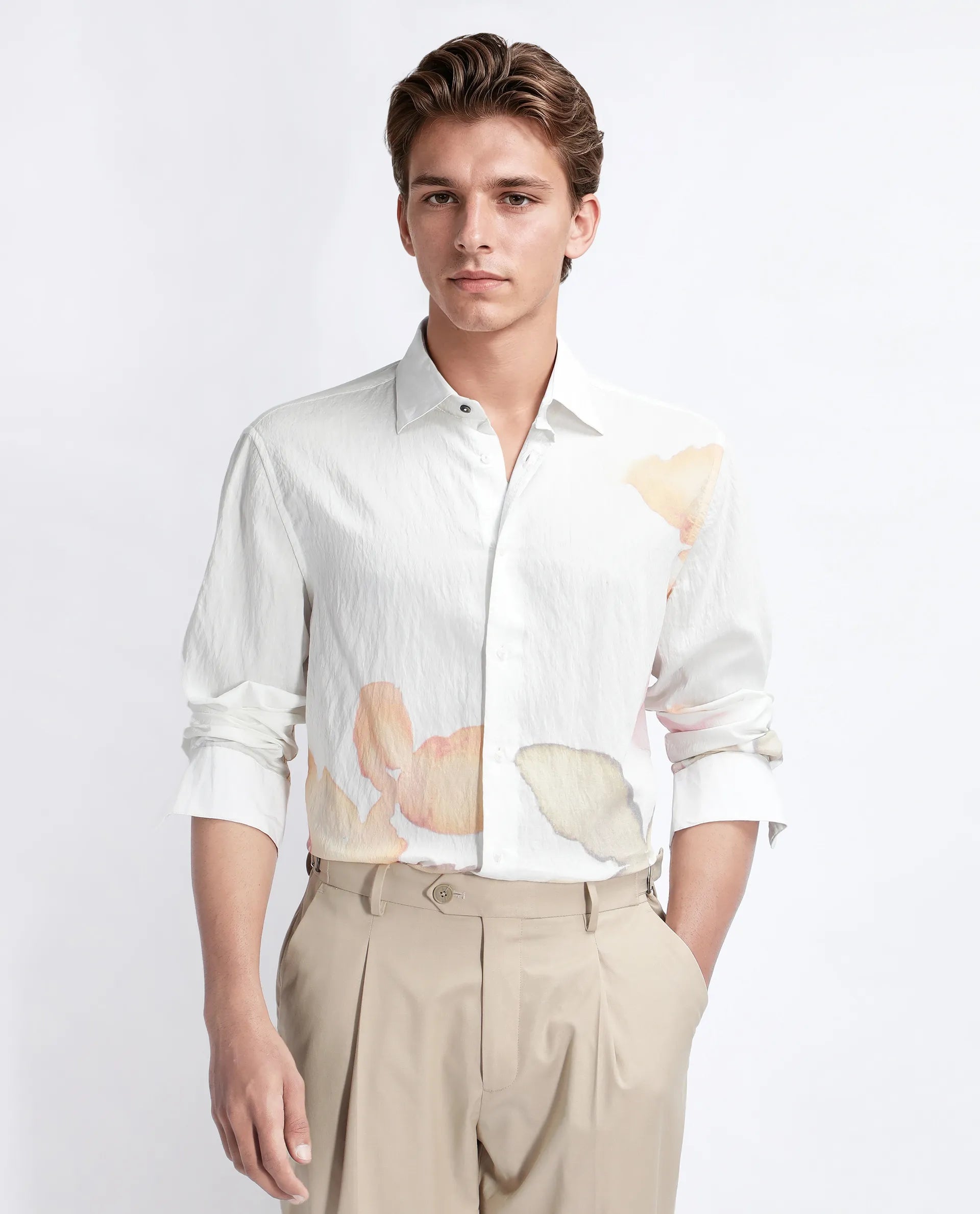 Rare Rabbit Men's Nura White Viscose Floral Print Regular Fit Full Sleeve Collared Shirt