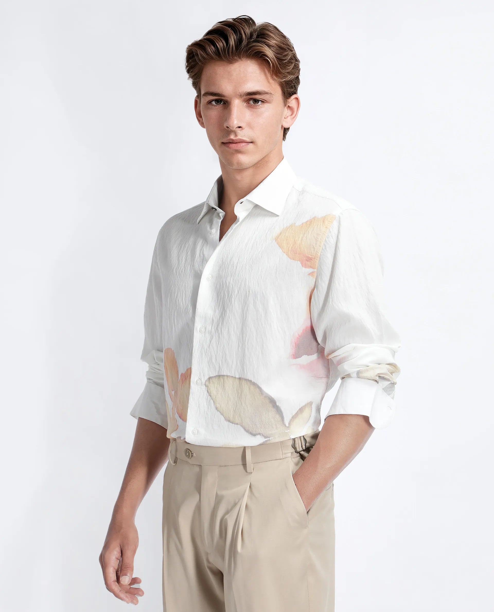 Rare Rabbit Men's Nura White Viscose Floral Print Regular Fit Full Sleeve Collared Shirt