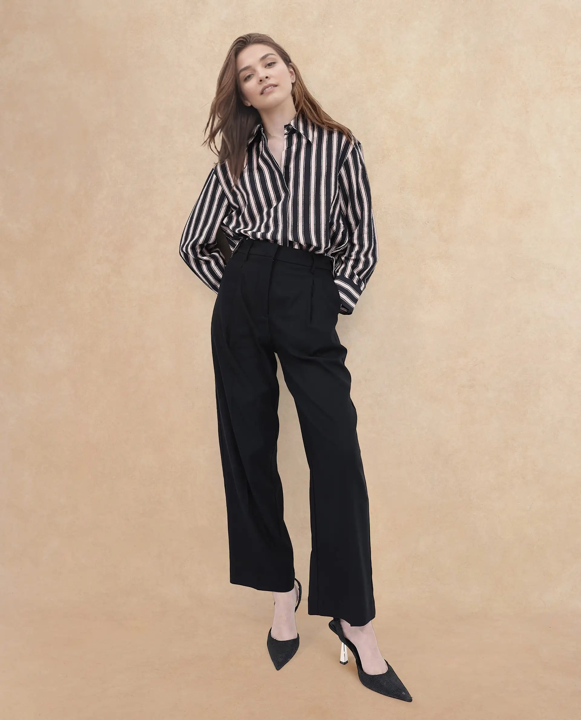 Rareism Women Nuray -SCBlack Cotton Fabric Zipper Closure Solid Regular Fit Trouser