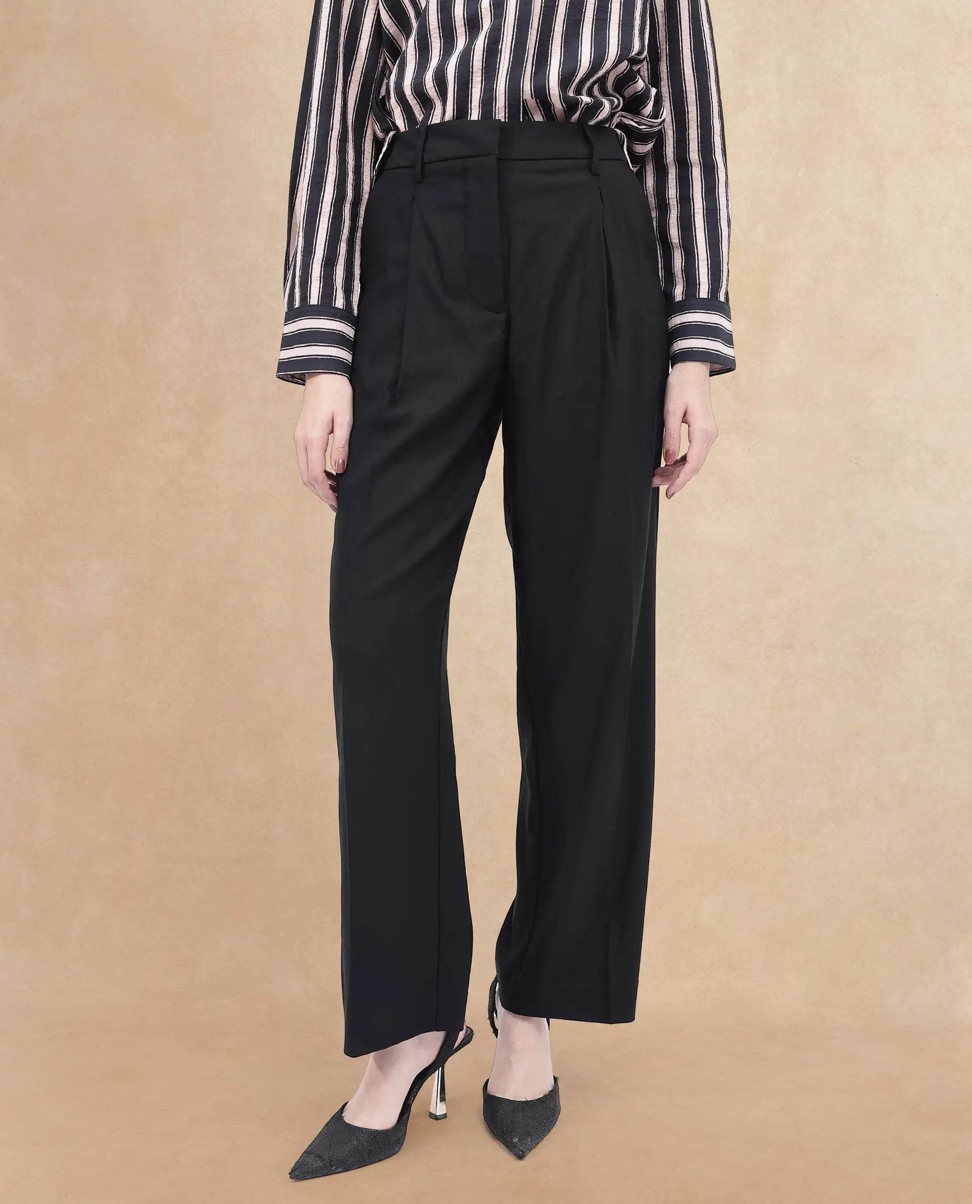 Rareism Women Nuray -SCBlack Cotton Fabric Zipper Closure Solid Regular Fit Trouser