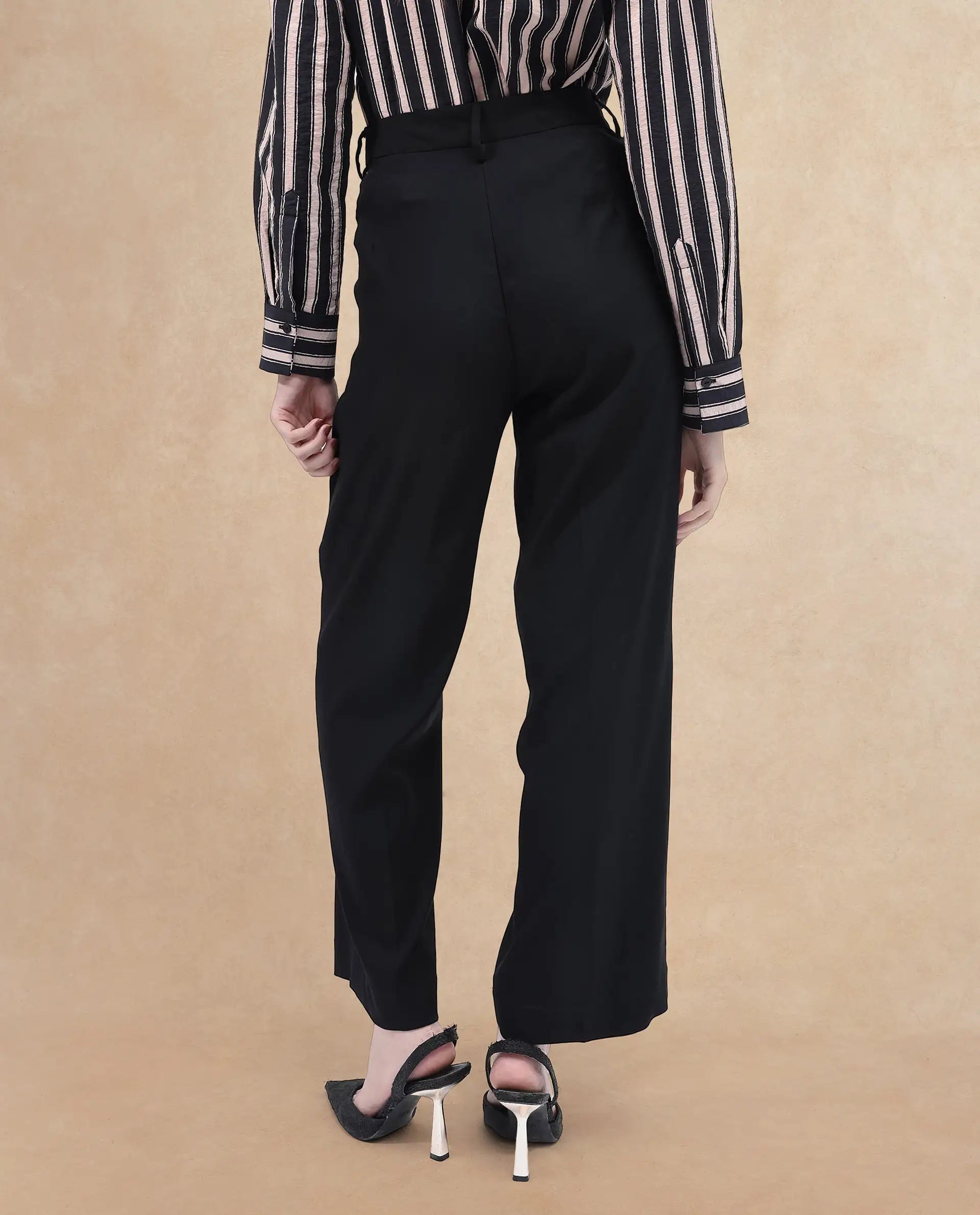 Rareism Women Nuray -SCBlack Cotton Fabric Zipper Closure Solid Regular Fit Trouser