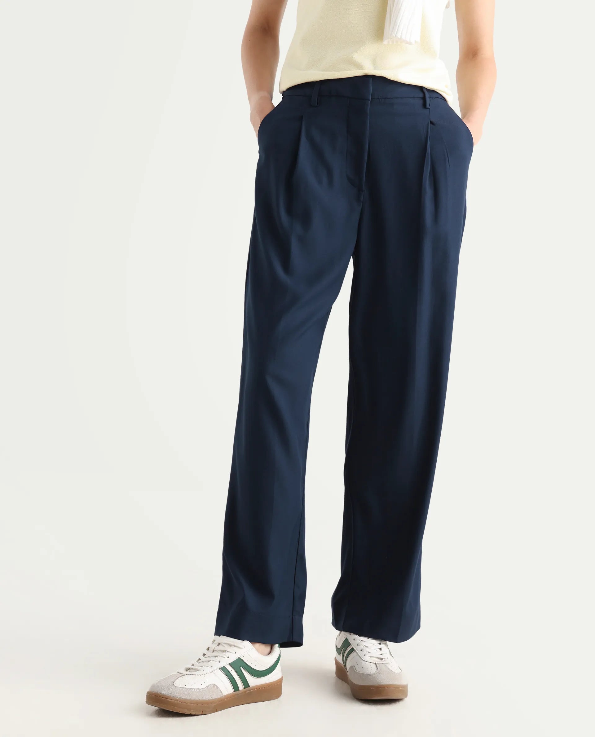 Rareism Women's Nuray Navy Cotton Plain Ankle Length Straight Fit Trouser