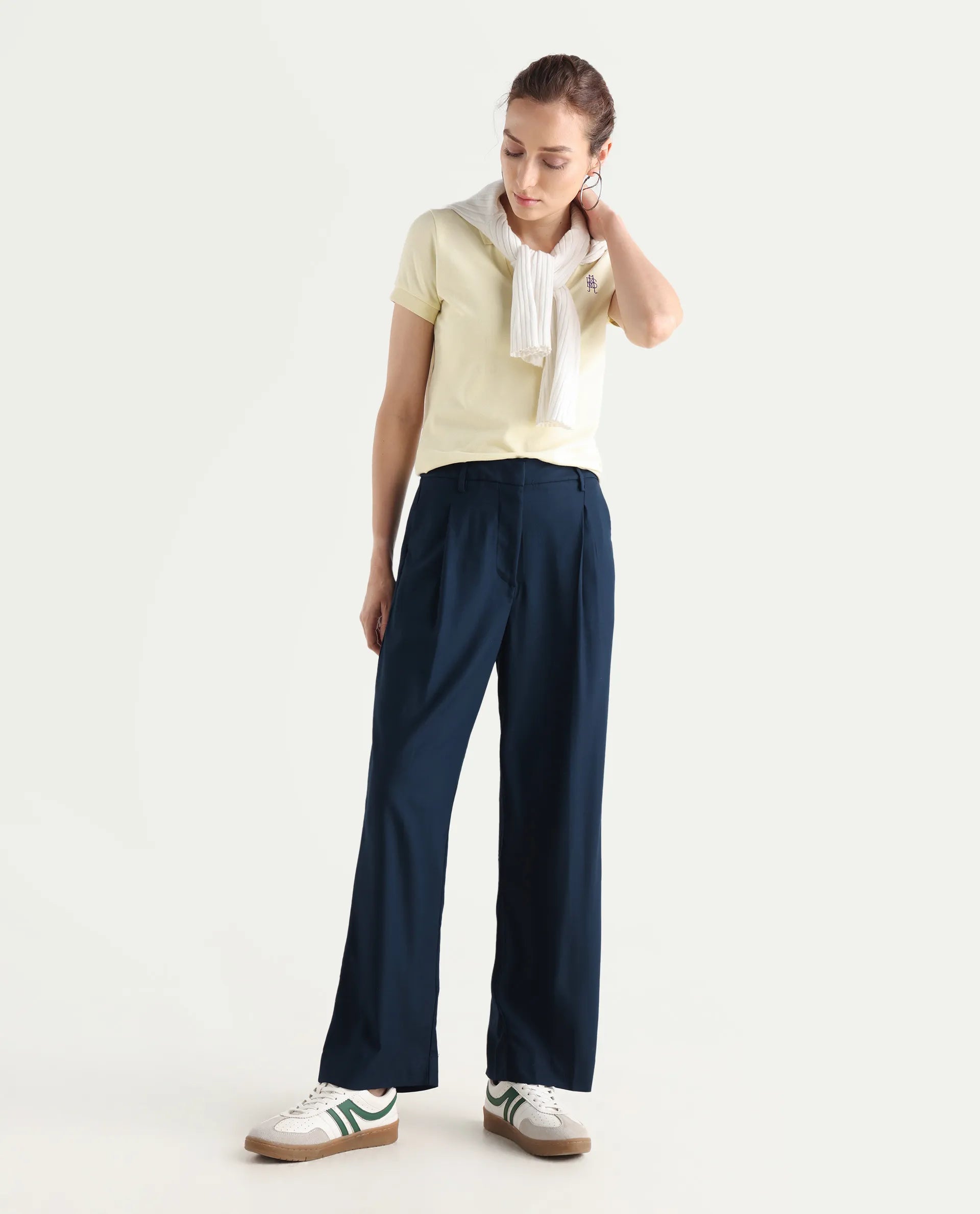 Rareism Women's Nuray Navy Cotton Plain Ankle Length Straight Fit Trouser