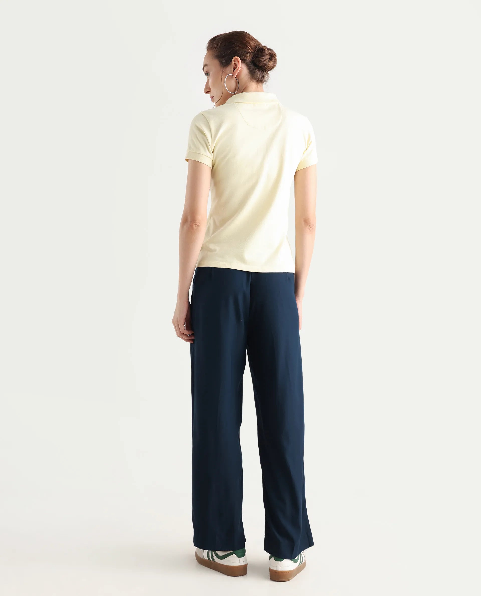 Rareism Women's Nuray Navy Cotton Plain Ankle Length Straight Fit Trouser