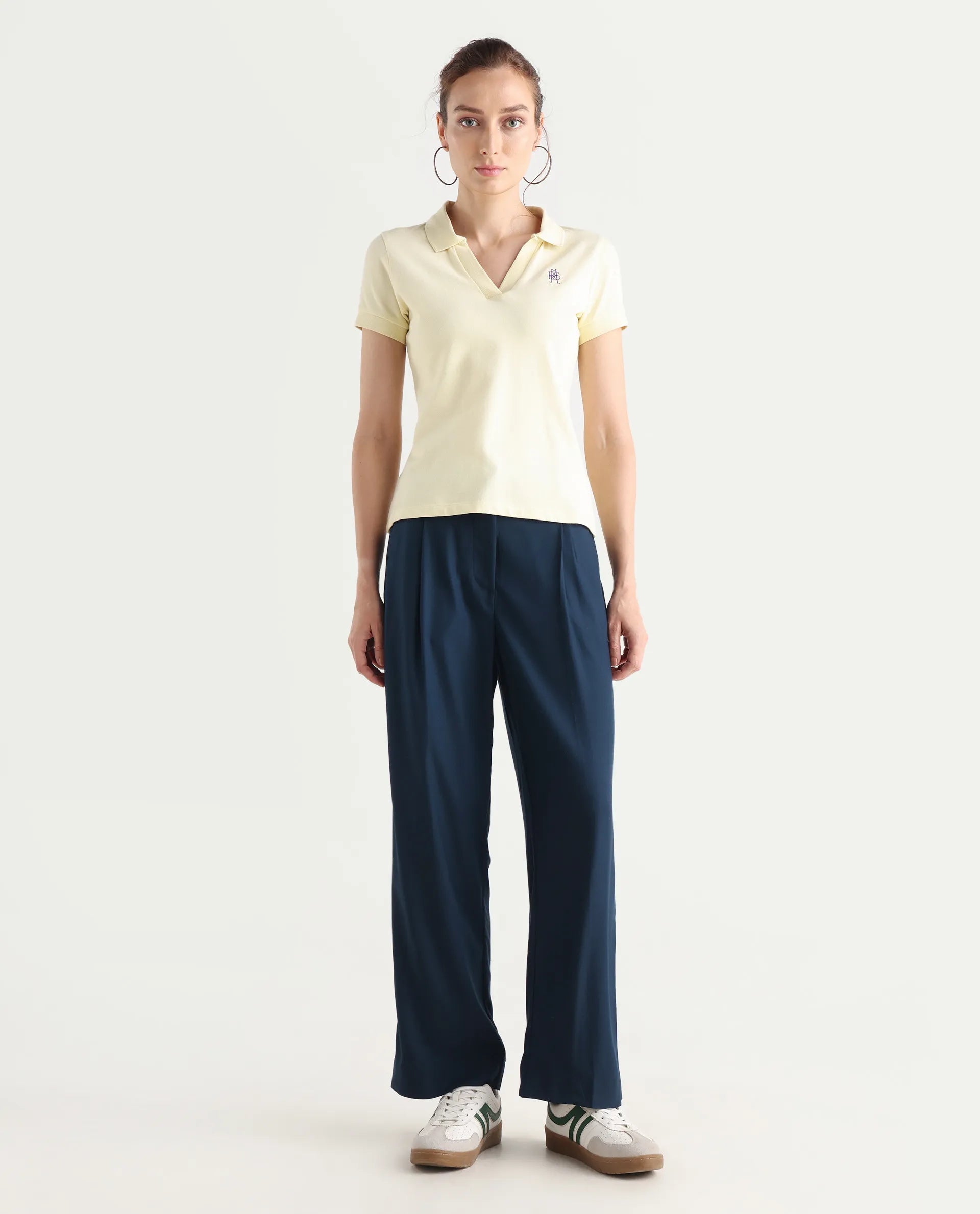 Rareism Women's Nuray Navy Cotton Plain Ankle Length Straight Fit Trouser