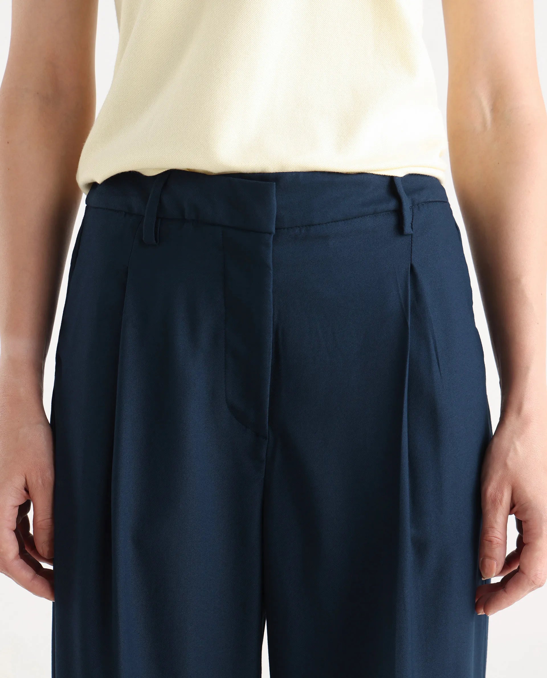 Rareism Women's Nuray Navy Cotton Plain Ankle Length Straight Fit Trouser