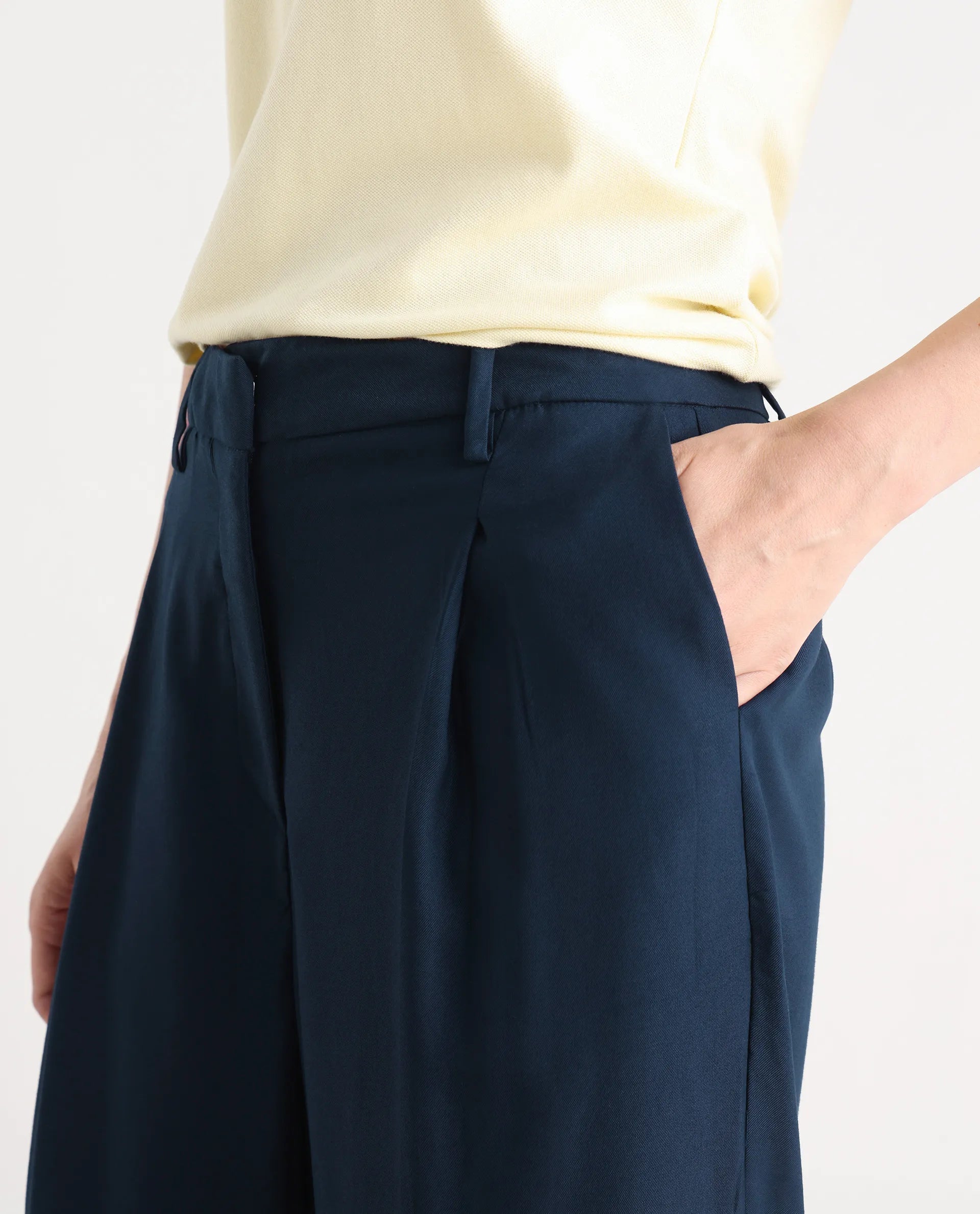 Rareism Women's Nuray Navy Cotton Plain Ankle Length Straight Fit Trouser