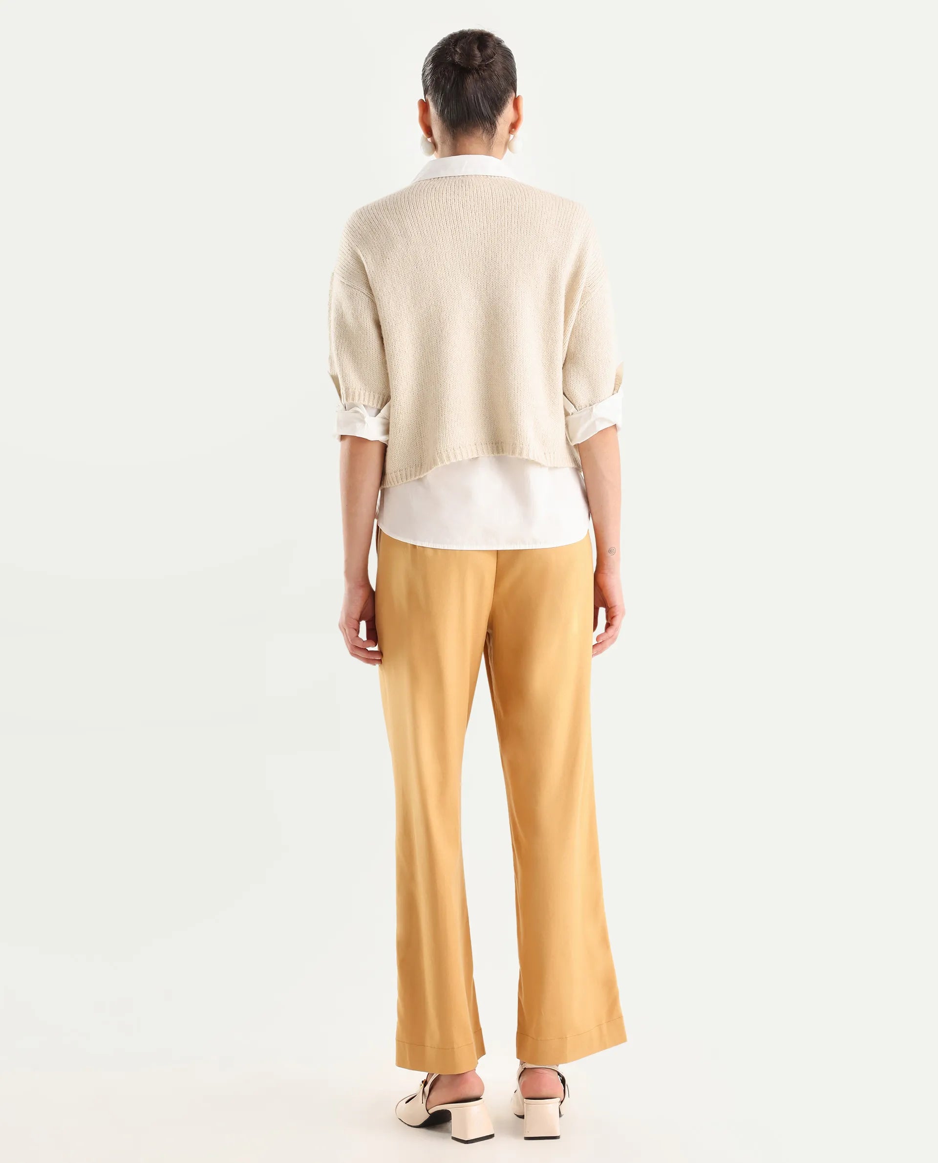 Rareism Women's Nuray Tan Cotton Plain Ankle Length Straight Fit Trouser