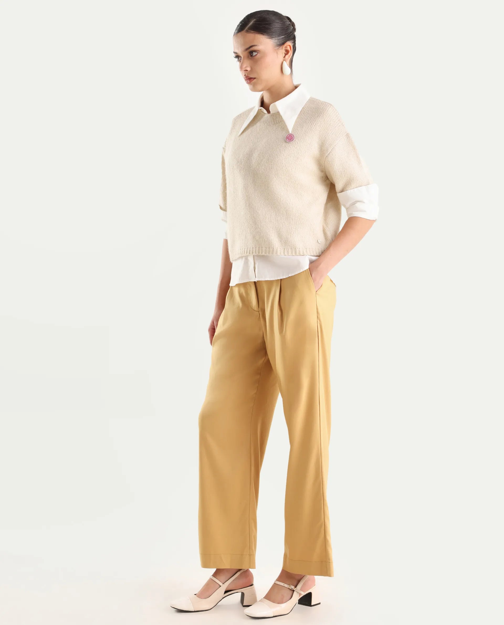 Rareism Women's Nuray Tan Cotton Plain Ankle Length Straight Fit Trouser