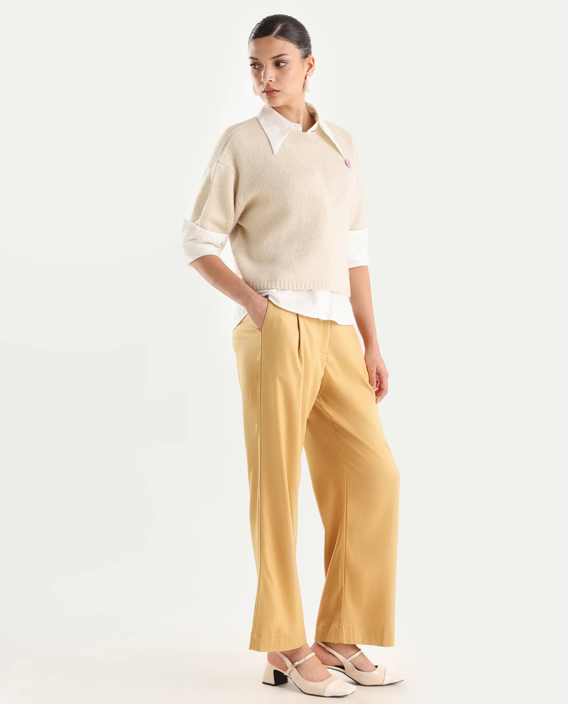 Rareism Women's Nuray Tan Cotton Plain Ankle Length Straight Fit Trouser