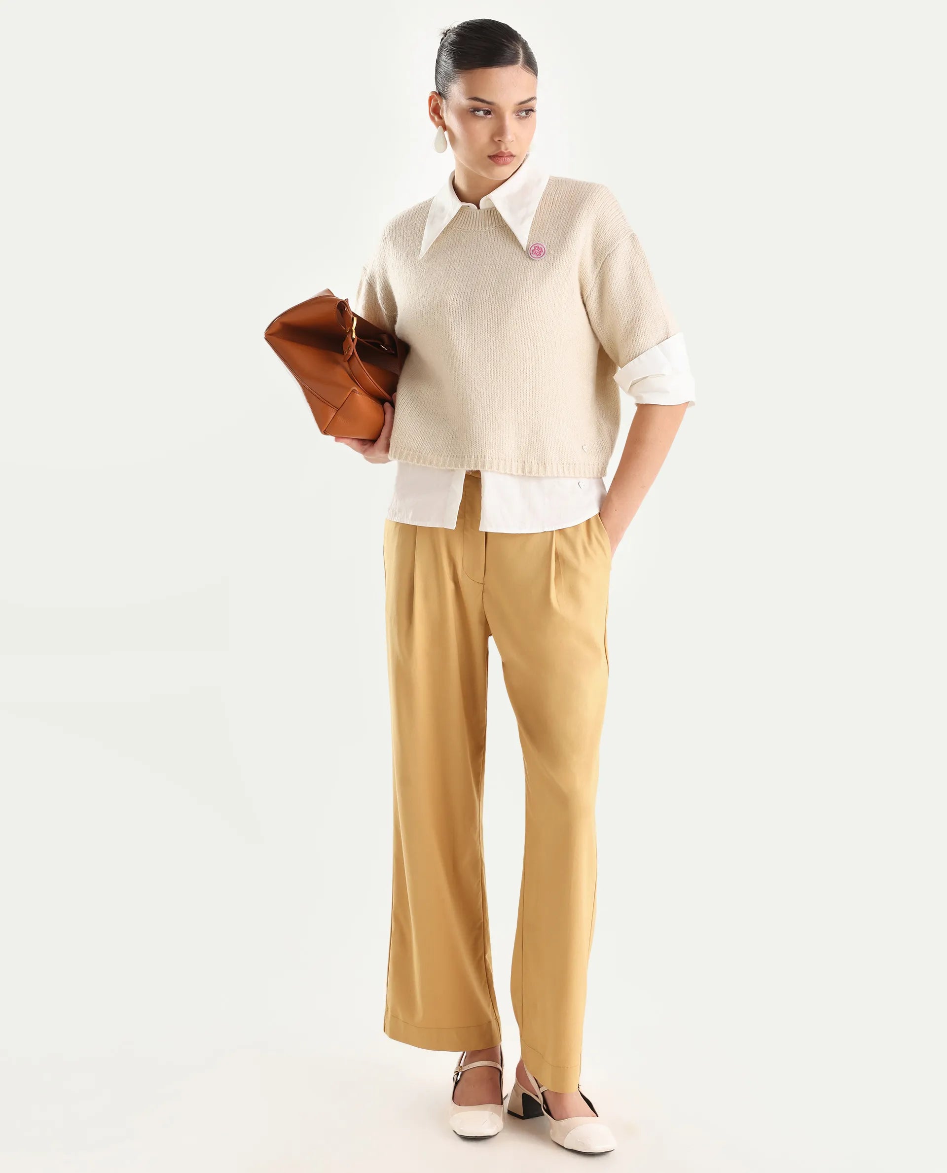 Rareism Women's Nuray Tan Cotton Plain Ankle Length Straight Fit Trouser