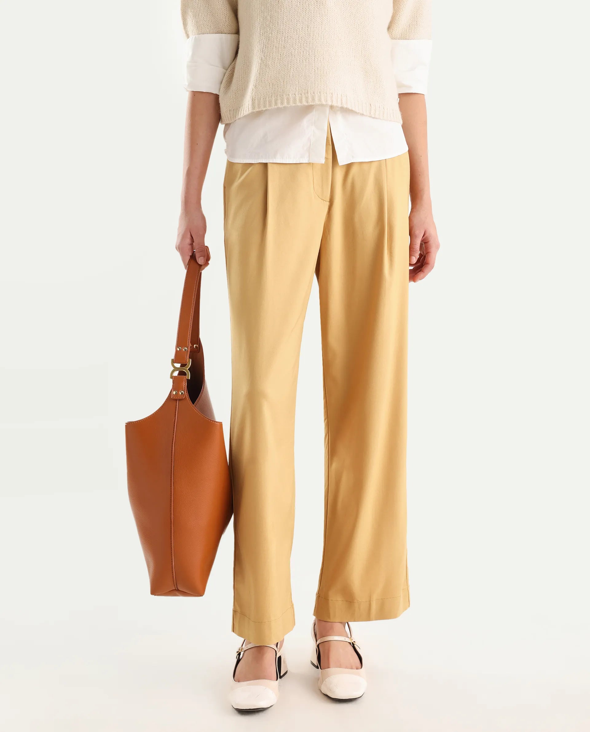 Rareism Women's Nuray Tan Cotton Plain Ankle Length Straight Fit Trouser