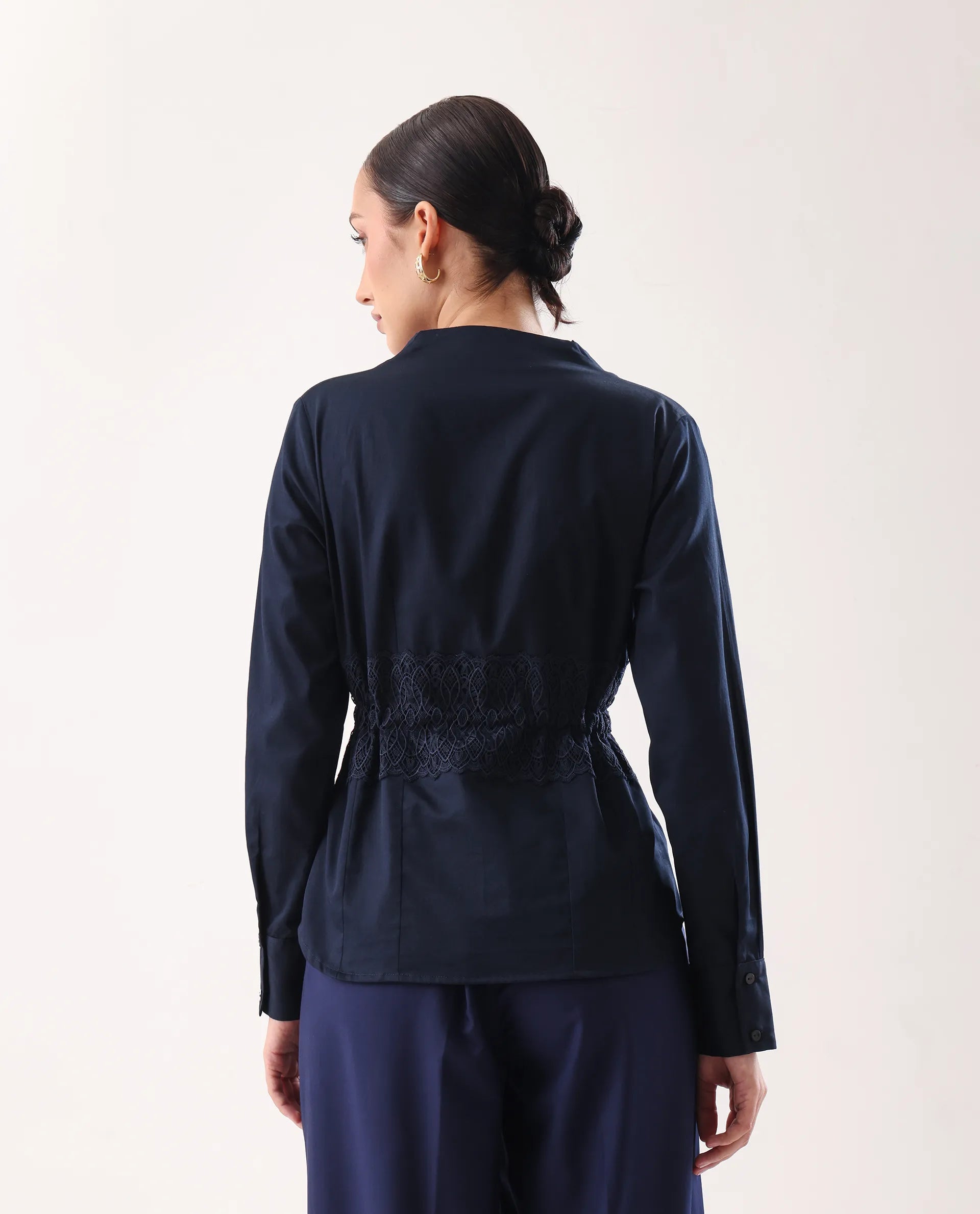 Rareism Women's Nurem Navy Cotton Cuffed Sleeve Built-Up Collar Regular Fit Plain Top