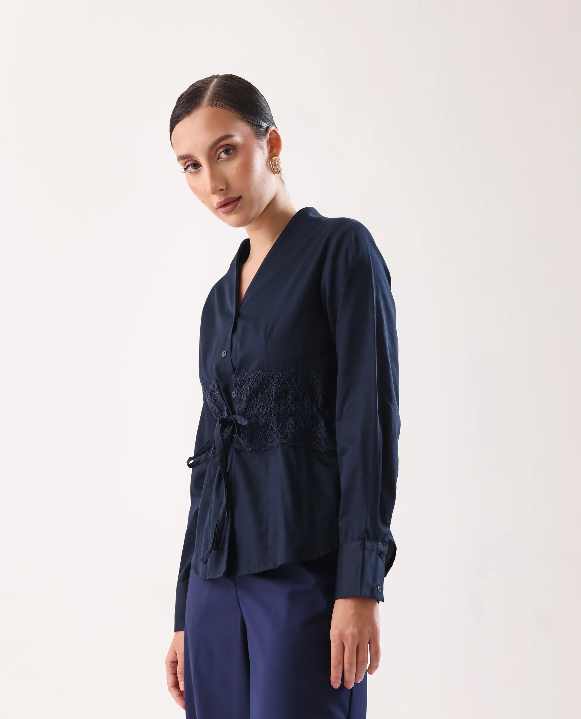 Rareism Women's Nurem Navy Cotton Cuffed Sleeve Built-Up Collar Regular Fit Plain Top