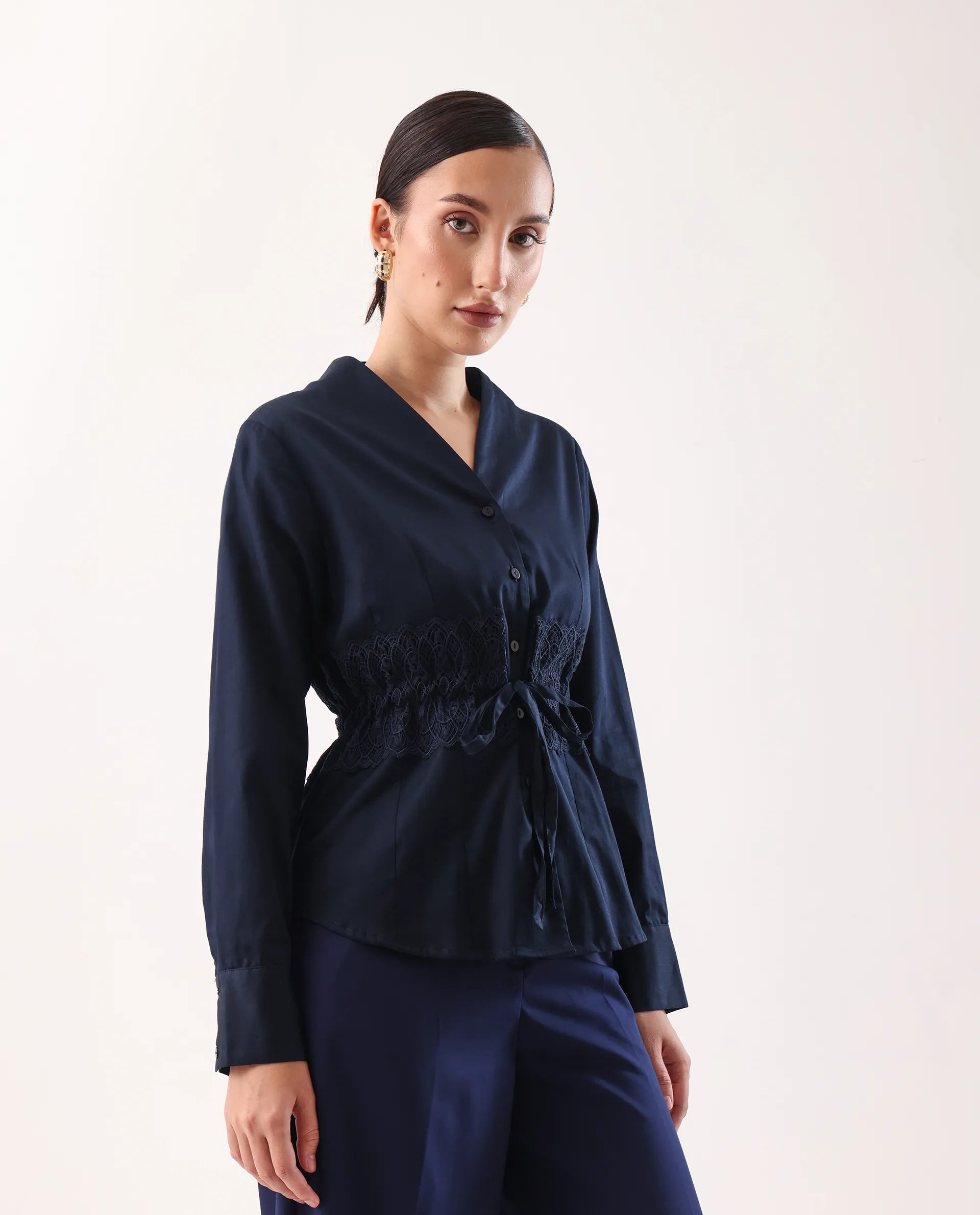 Rareism Women's Nurem Navy Cotton Cuffed Sleeve Built-Up Collar Regular Fit Plain Top